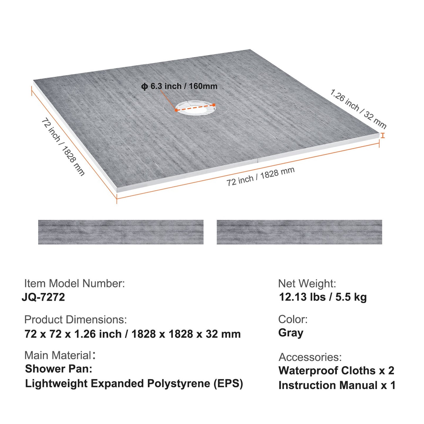 Douchebak – Douchevloer – Doucheplaat – Douchebakken – Douchefundering – Lichtgewicht EPS Materiaal – Waterdicht HDPE Membraan 1828x1828 mm Met Centrale 160 mm Afvoer