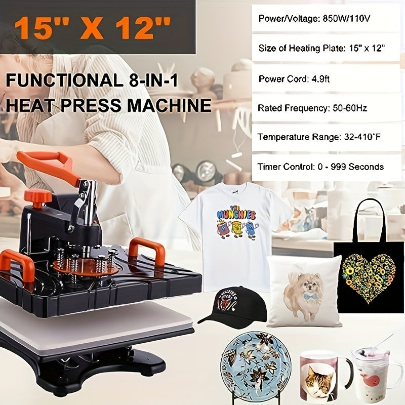 8-in-1 Digital Heat Press Machine Combo for T-Shirts, Caps & Mugs - 360° Swing Away Dual-Tube Heating, 30.48x38.1 cm Sublimation Area, Includes Accessories for DIY Projects, Black & Orange Design, Heat Press Transfer Designs