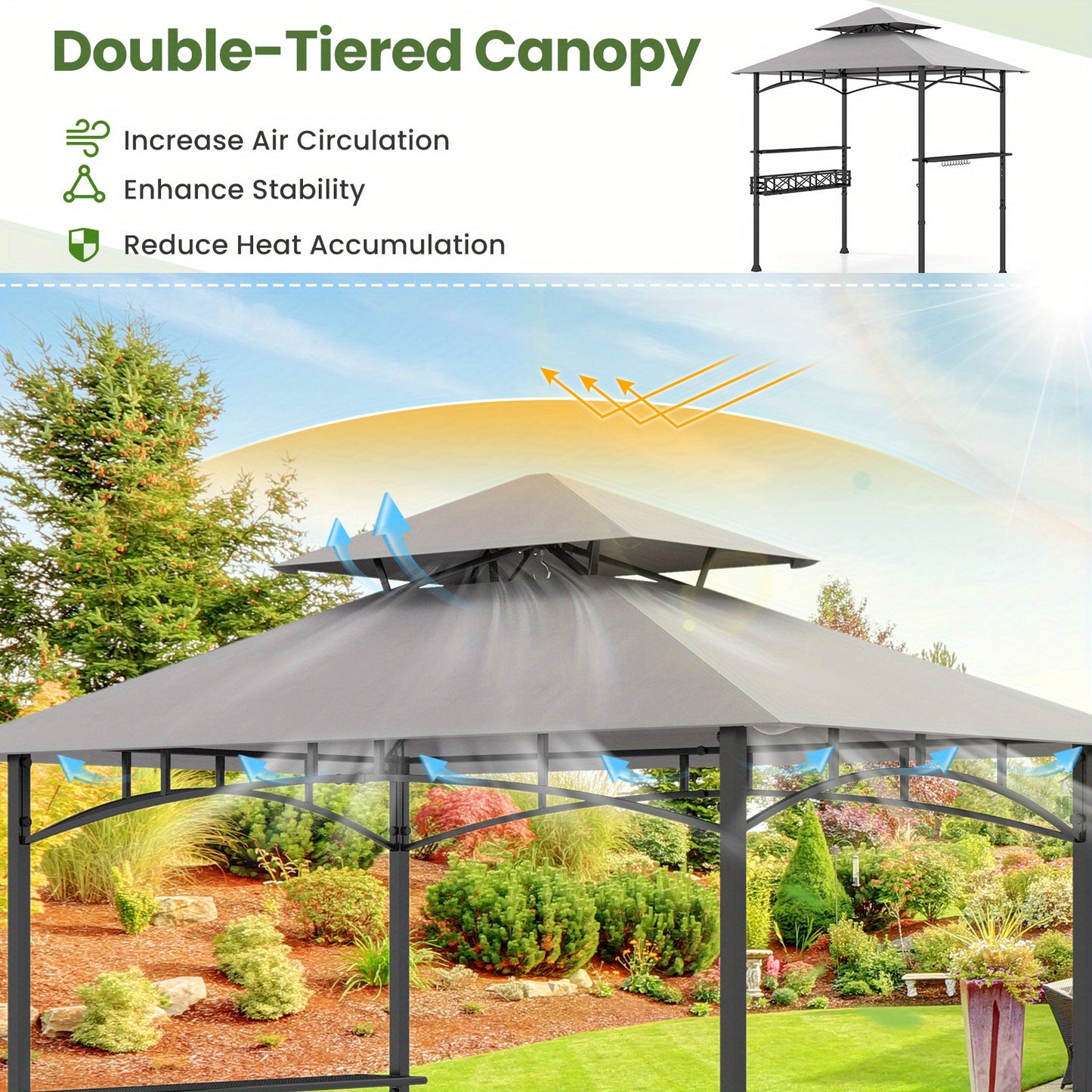 Heavy-Duty Grill Gazebo with 2 Side Shelves, Storage Basket & Hooks - CPAI-84 Flame Resistant Outdoor BBQ Canopy, Large Cooking Station Shelter with Metal Frame for Backyard, Patio, BBQs - Easy Assembly