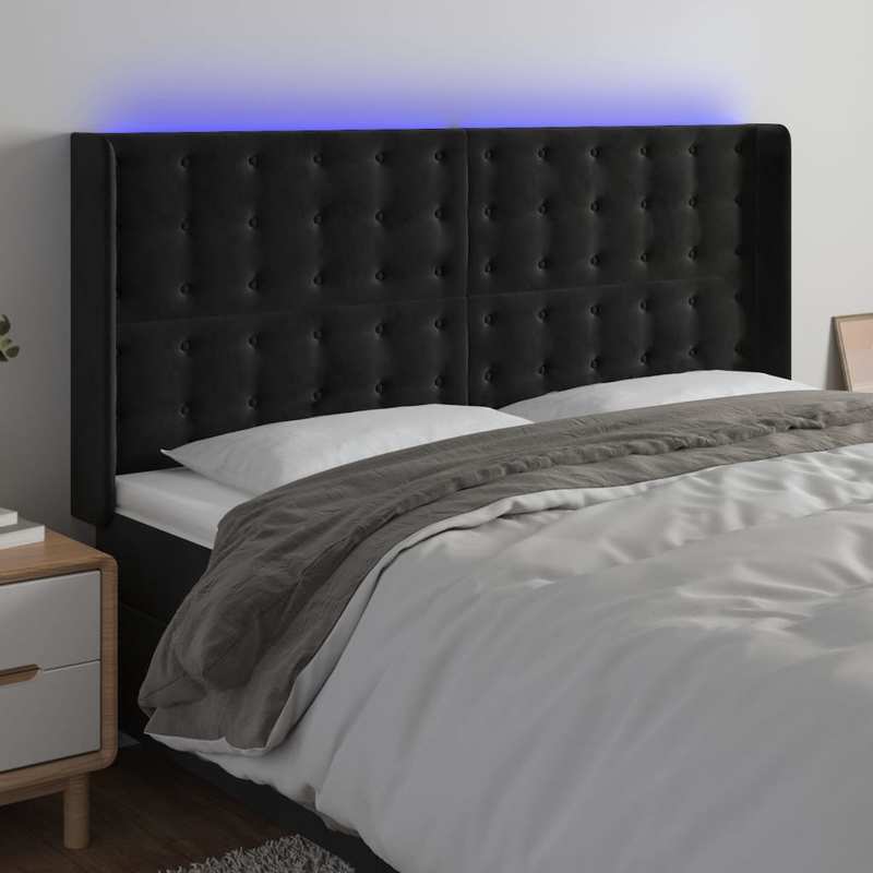 Bed Hoofdbord – Hoofdeinde – Hoofdbordkussen – Bedframe – Bedpaneel – Industrieel Design – Zwart Fluweel – 183x16x118/128 cm – Stevig Hout en Metaal