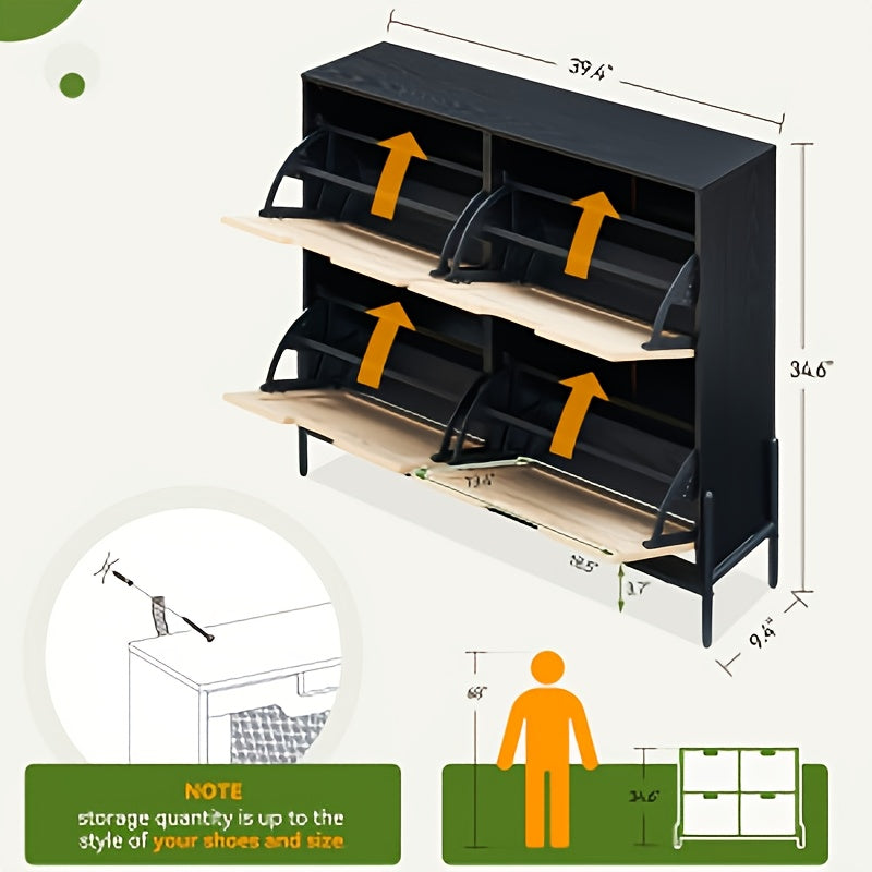 Rattan Schoenenkast – Schoenopbergkast – Schoenrek – Schoenkast – Entrée Meubel – 4 Kleppen – Hardhouten Constructie – Verstelbare Planken – Wit + Eiken Kleur