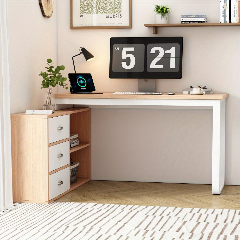 Modern Minimalist Computer Desk & Bookcase Combo - Heavy-Duty Metal Frame, 3 Drawers & 2 Open Shelves, Wide Thick Desktop, Natural Wood Finish, Space-Saving Design for Home Office, Study, or Workspace, Desk Storage, Study Roo