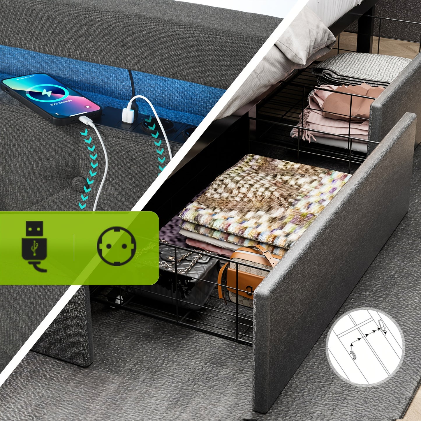 Bed 140x200 cm – Tweepersoonsbed – Boxspring – Led Bed – Opbergbed – Gestoffeerd Hoofdbord – Met Vier Lade Opbergruimte – USB Verlichte LED – Met Houten Lattenbodem