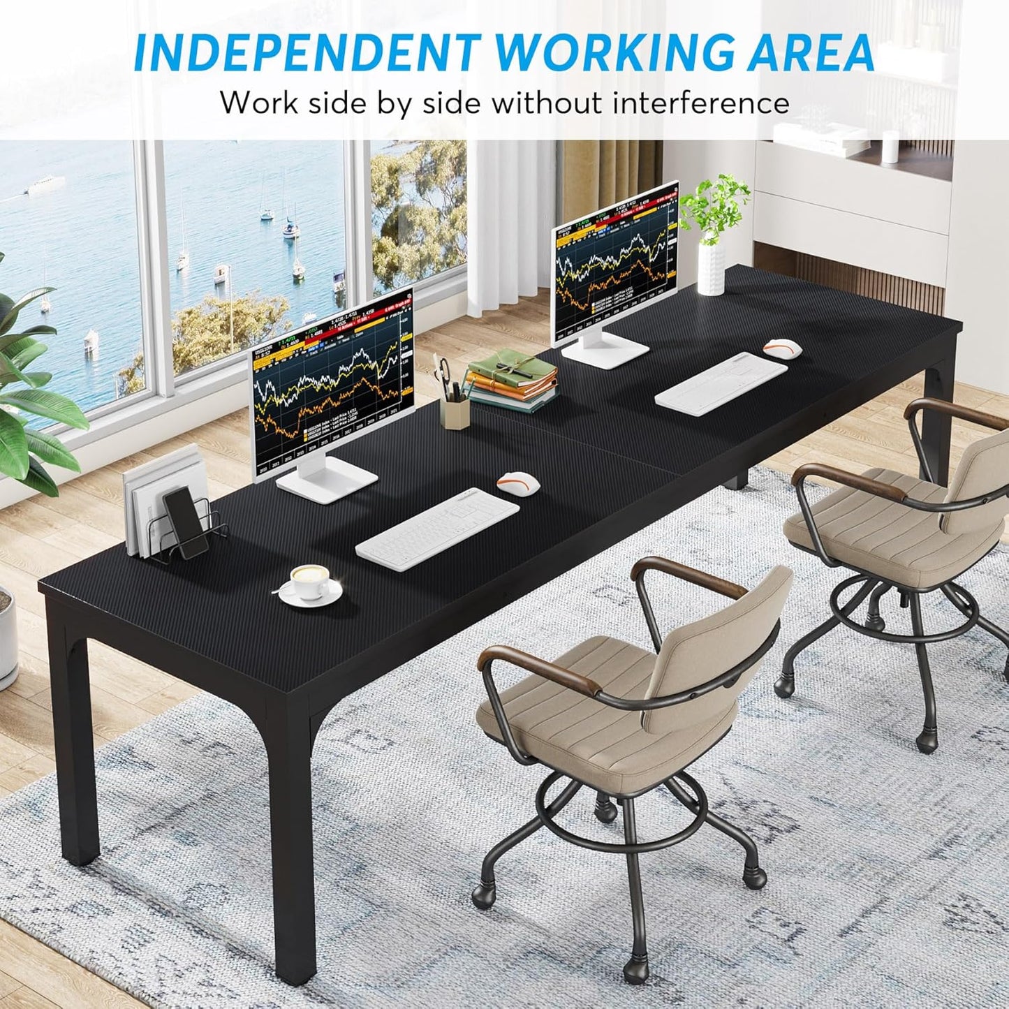 Modern Bureau – Computertafel – Werktafel – Kantoortafel – Tweepersoons Bureau – 200x70x75 cm – Robust Stalen Frame – Zwart