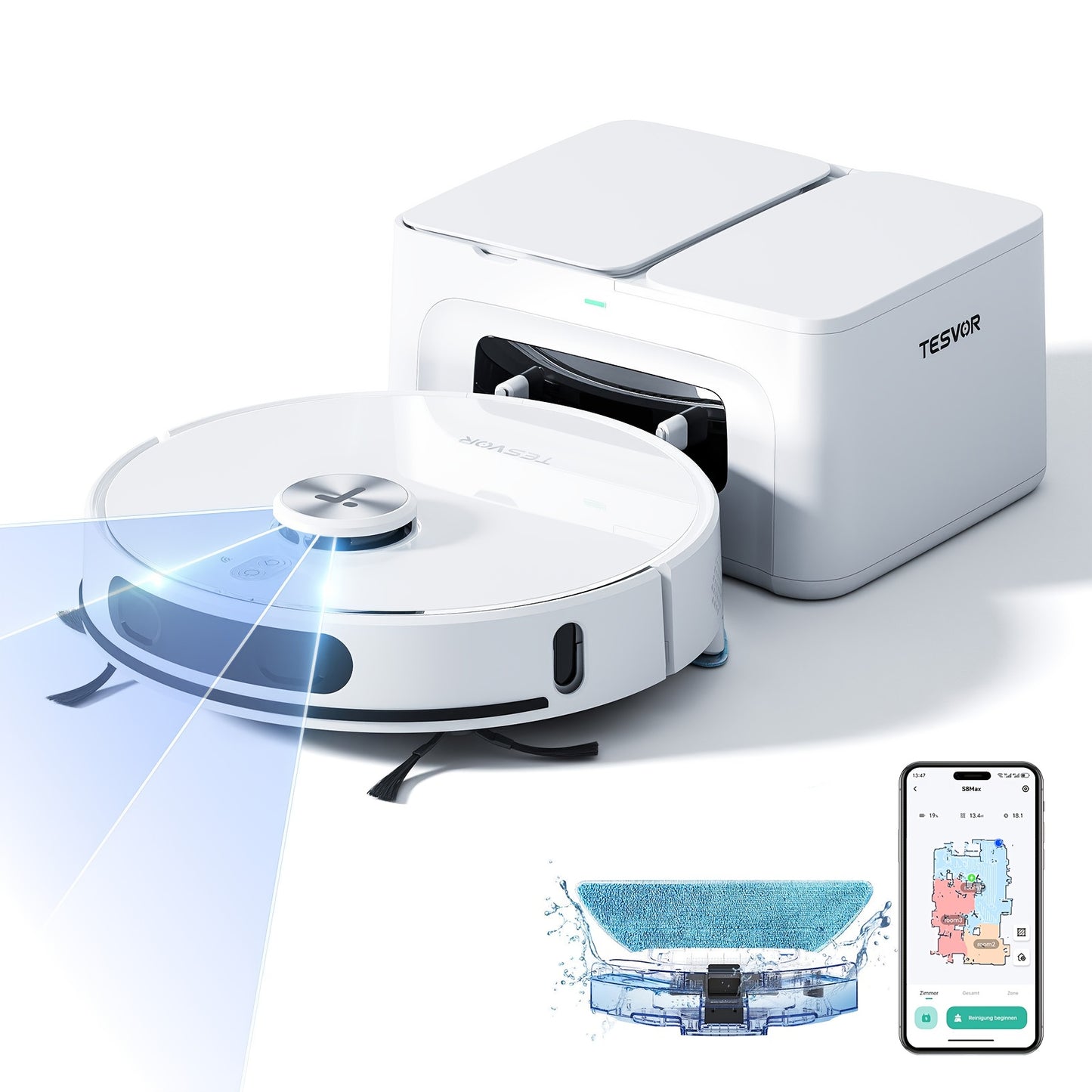 Robotstofzuiger – Robotstofzuiger met dweilfunctie – Automatische Stofzuiger – Smarte Schoonmaker – Zelflerende Stofzuiger – Wit – 8000Pa Zuigkracht – LiDAR Navigatie met Alexa App Besturing