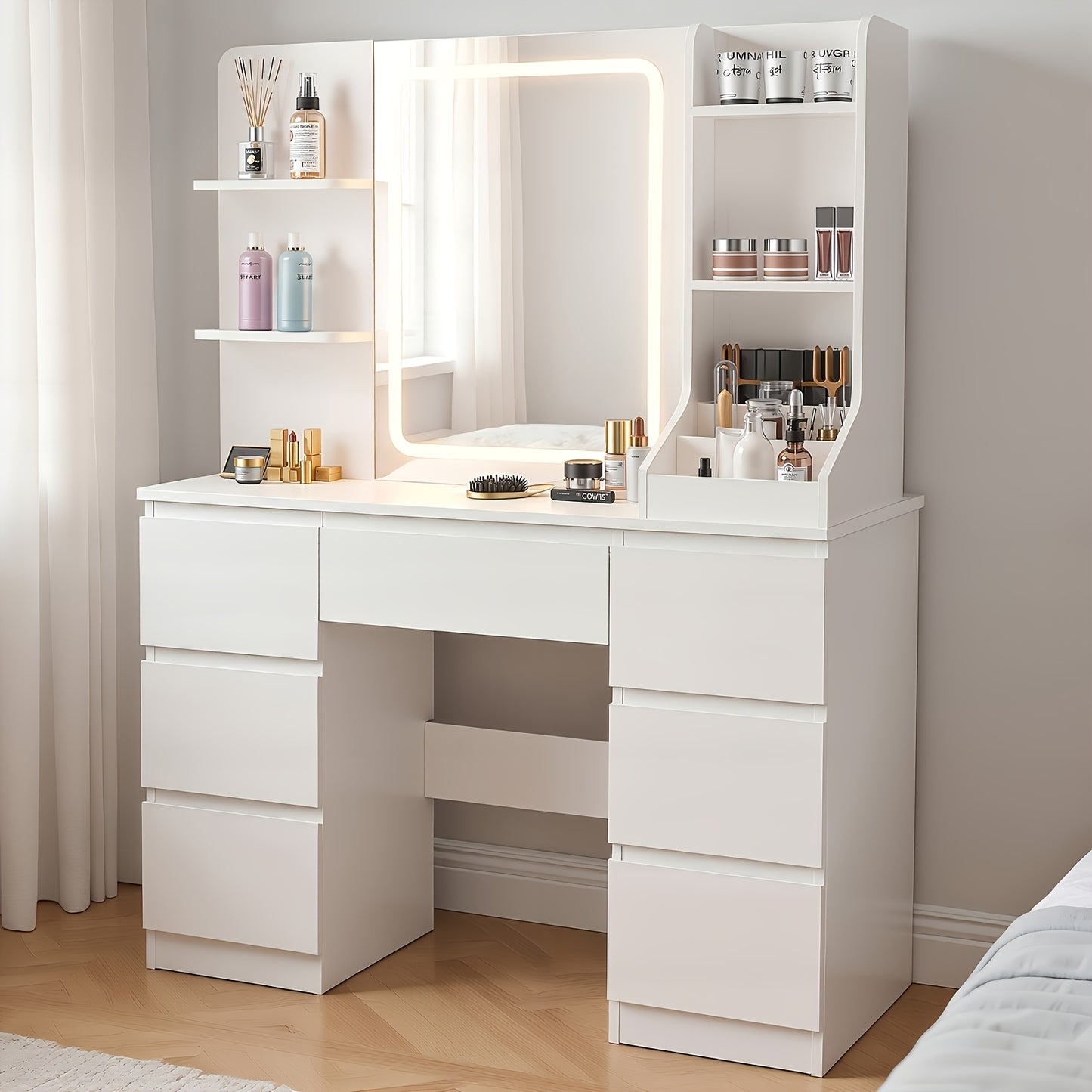 Make-up tafel – Make-up bureau – Schminktisch – Beauty tafel – Witte kaptafel – LED verstelbare verlichting – 7 lades en 4 open vakken – USB-gevoed