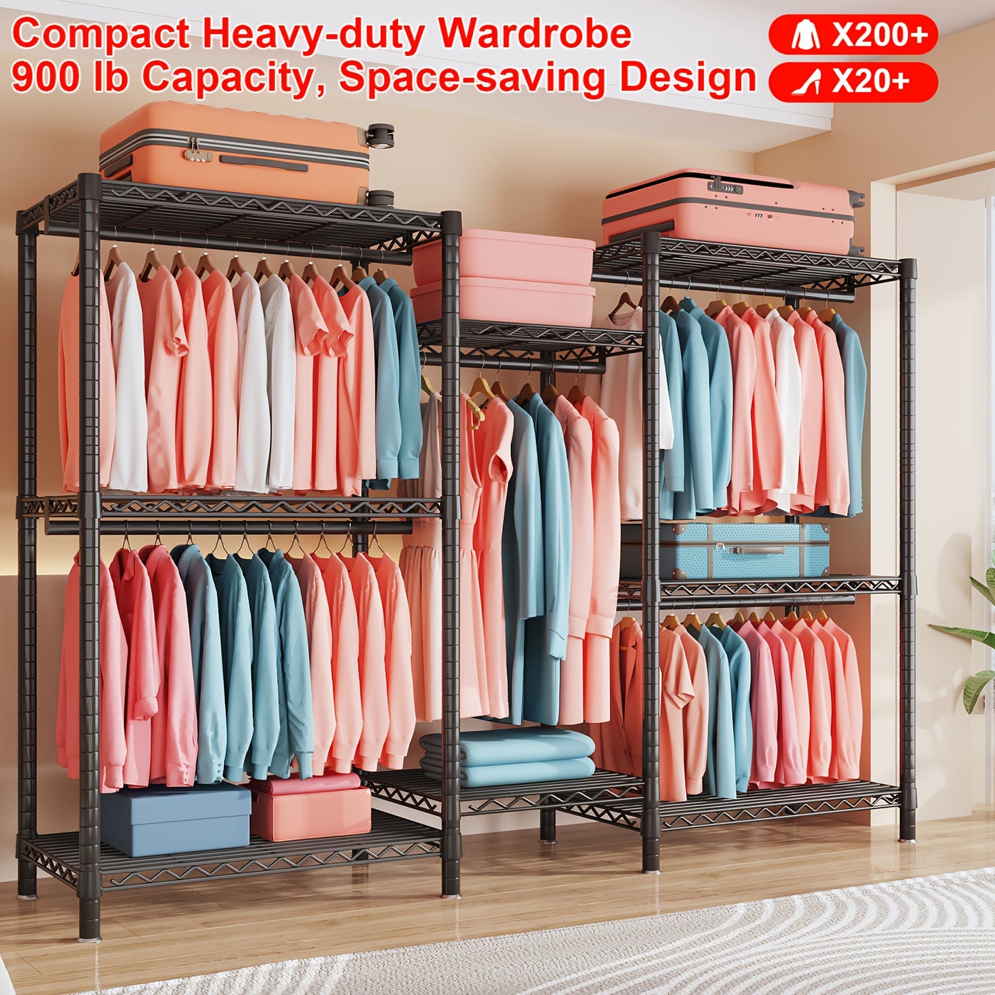 Heavy Duty Kledingrek – Kledingstender – Garderoberek – Kledinghanger – Kastorganizer – Extra Groot – 410,5 KG Capaciteit – 8 Planken & 5 Hangstangen – Roestvrij Stalen Frame – Vrijstaand – Ruimtebesparend Verticaal Design