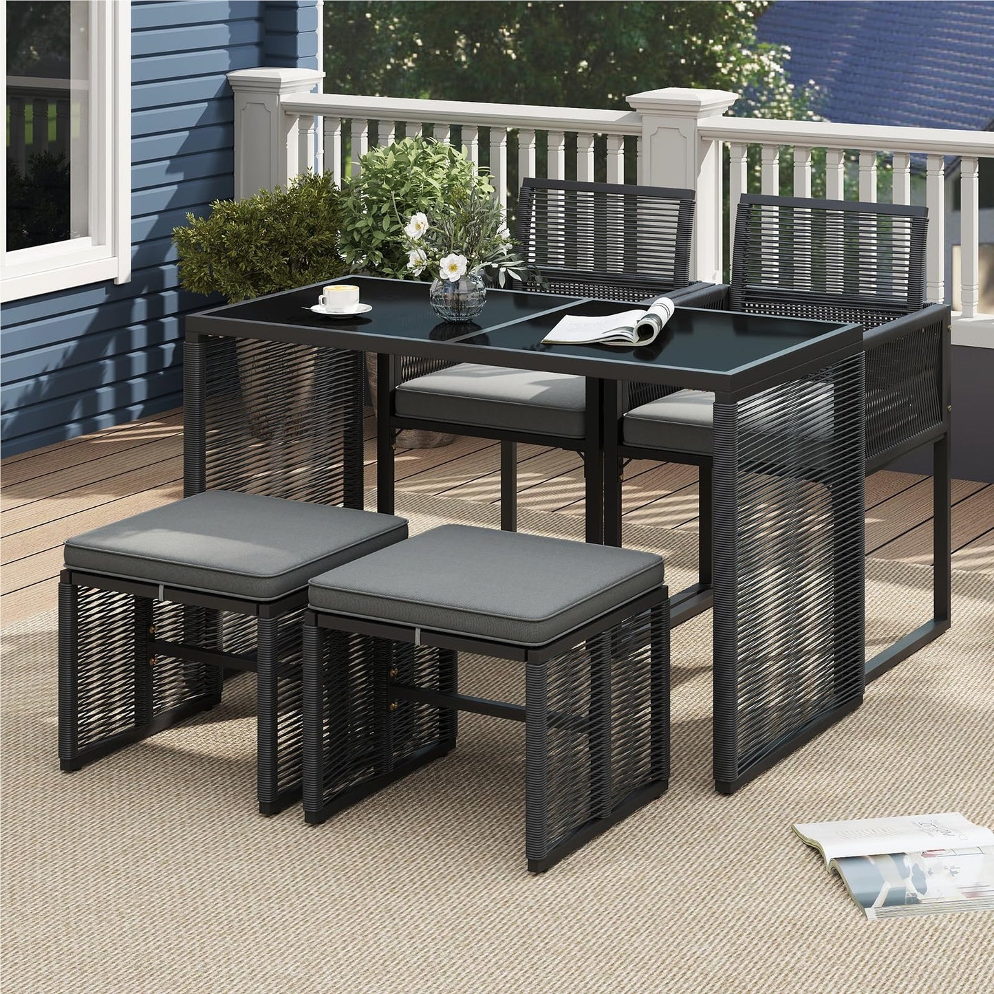 5-Delige Rattan Tuinset – Balkon Meubels – Buitenmeubilair – Tuinmeubelen – Patio Set – Inklapbare Rugleuning – Inclusief Zachte Kussens
