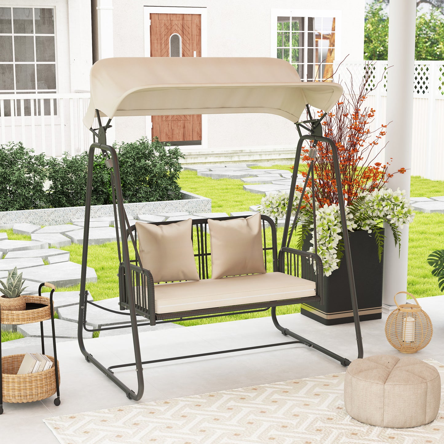Tuinbank – Buitenbank – Loungebank – Tuinmeubel – Schommelbank – 2-Zits Rattan Hollywood Schommel – Inklapbaar Zonnescherm – Comfortabel Met Kussen – Draagvermogen 240 kg – 149x121x180 cm – Khaki