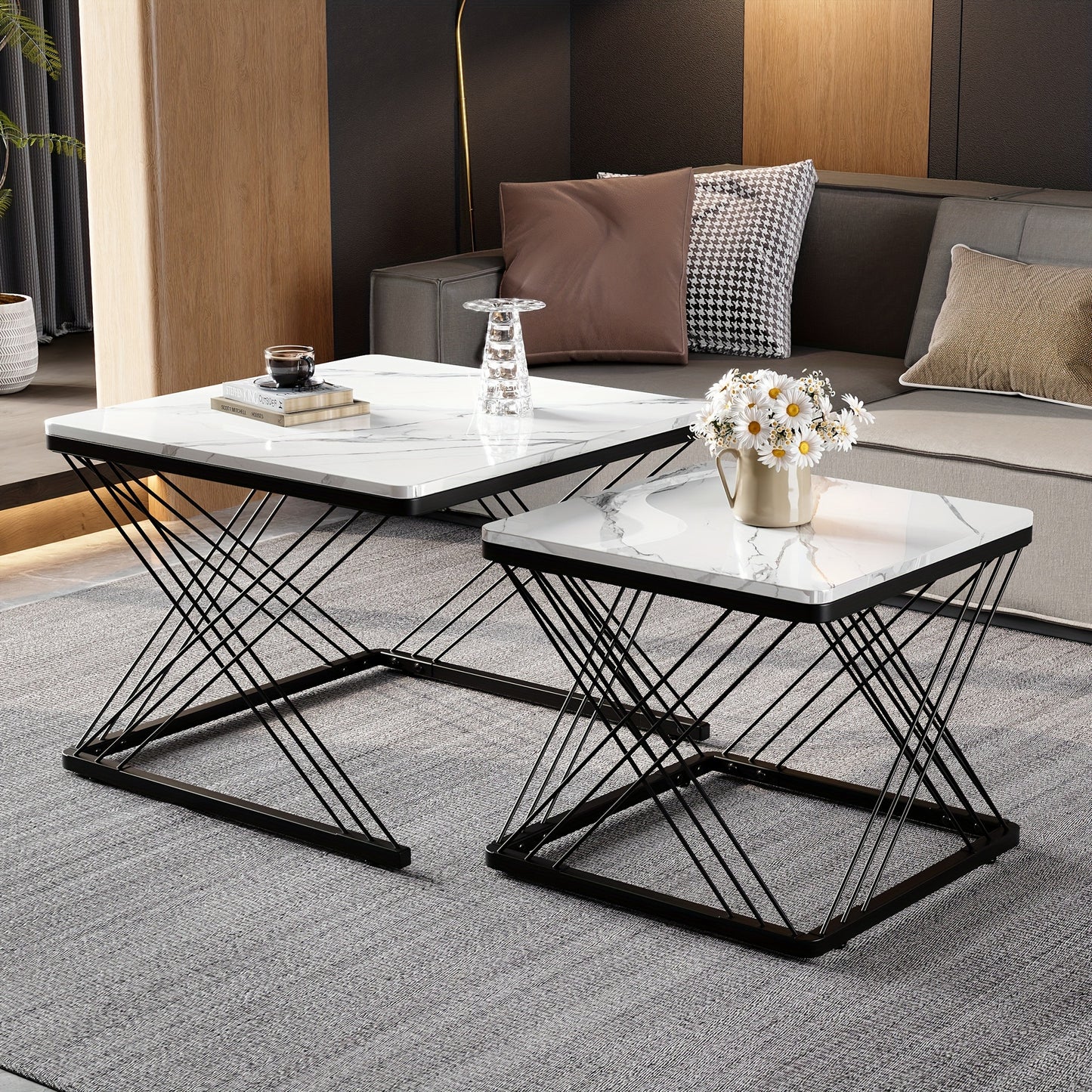 2pcs Modern Marble Coffee Table Set - Heavy-Duty Marble Look Square Tables with Height-Adjustable Legs & Assembly, Marble- Combination Table Suitable for, Office, Dorm - Space-Saving
