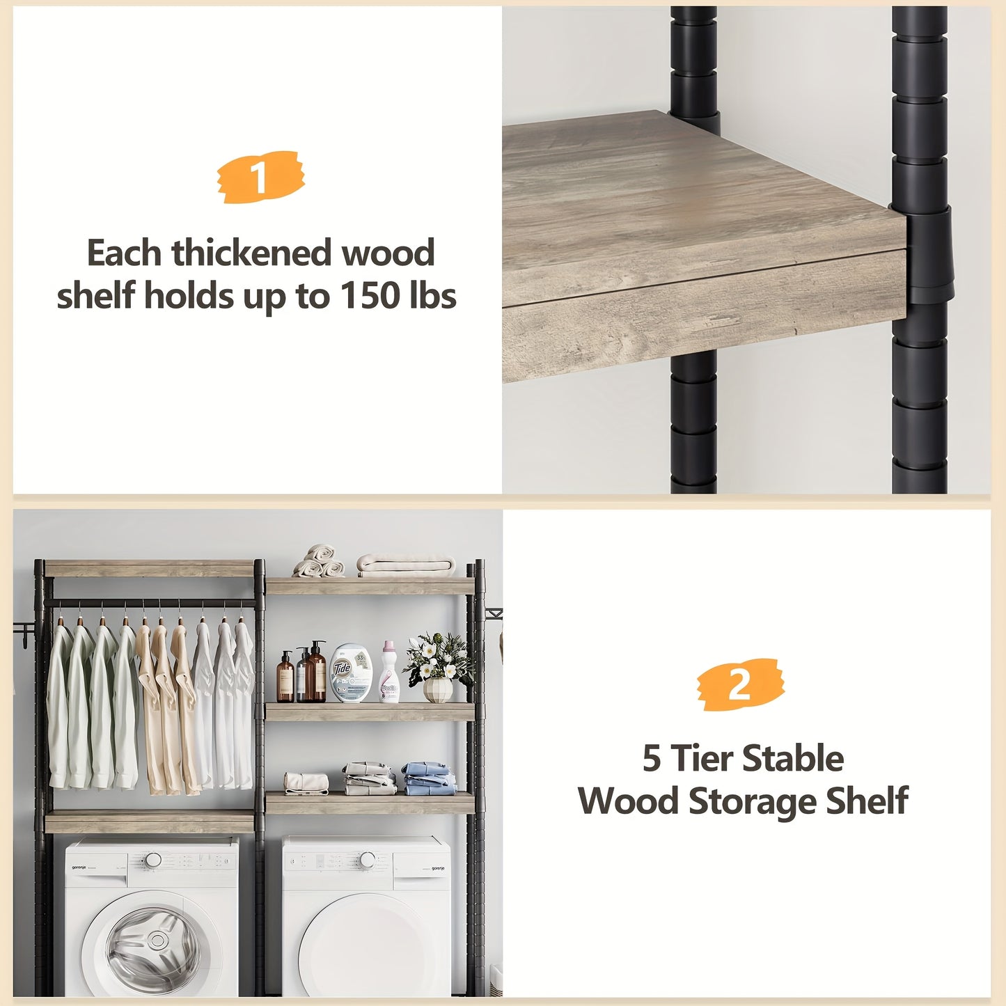5-Tier Heavy-Duty Over-The-Washer & Dryer Storage Shelf with Drying Racks - Space-Saving Laundry Room Organizer, Freestanding Multi-Shelf Unit with Hanging Rods, Washer/Dryer Compatible Cabinet for Home (Easy Assembly)