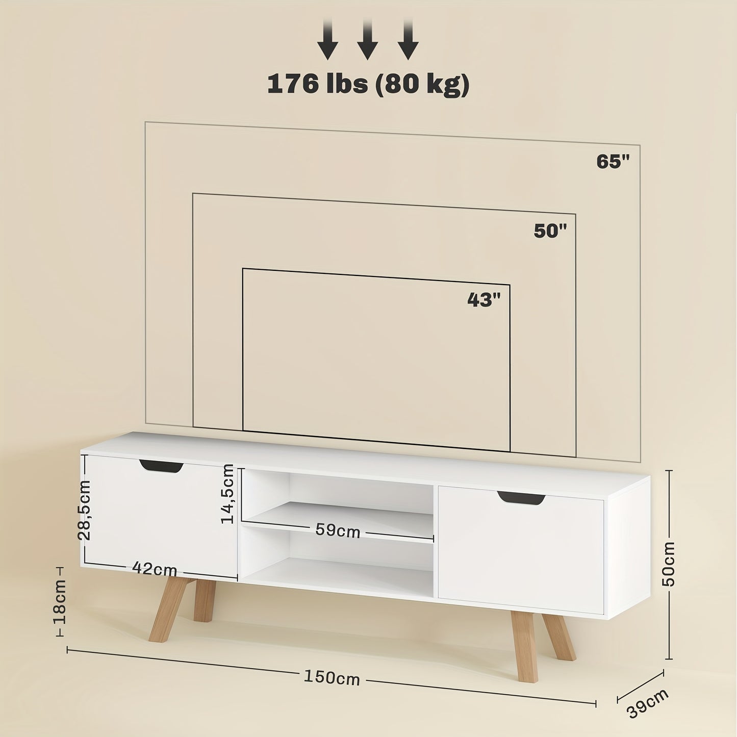 TV Stand, TV Stand for TVs Up to 65 Inches, Low Cabinet with Two Doors And Two Shelves, TV Stand for Living Room, Dimensions 150 X 39 X 50cm, White, Media Storage Solution, Spacesaving Cabinet, Compact Stand, Highquality Mate