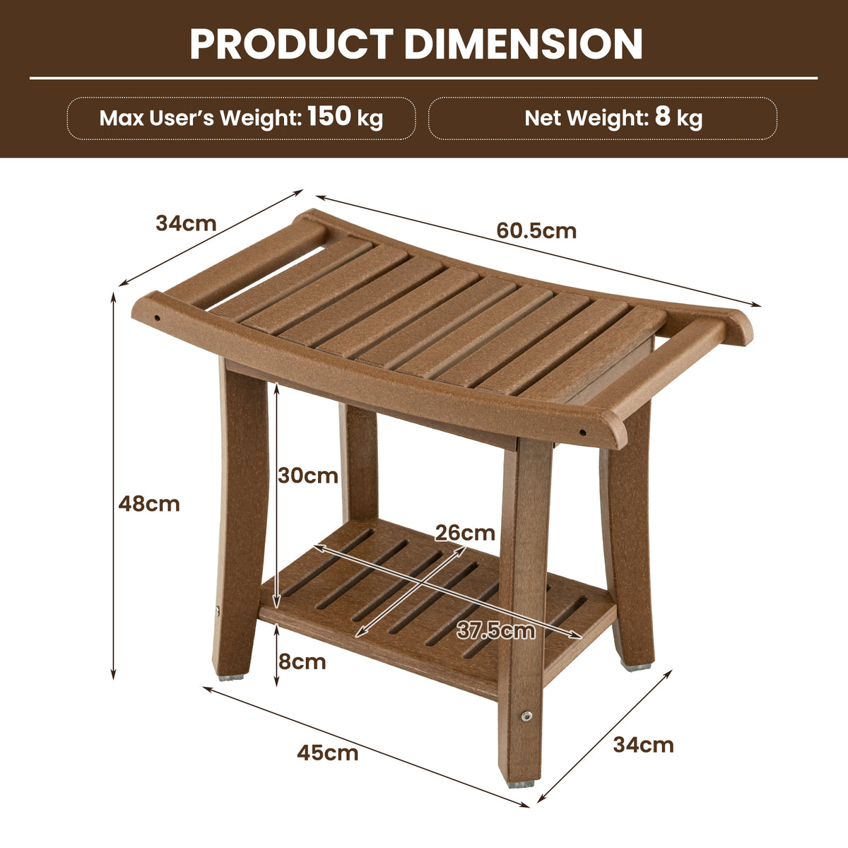 Douchebank – Douchezitje – Badkruk – Douchekruk – 2 Laags Opbergbankje – Ergonomische Gebogen Zitting – Twee Handgrepen Voor Stabiliteit – Compact & Duurzaam Bruin