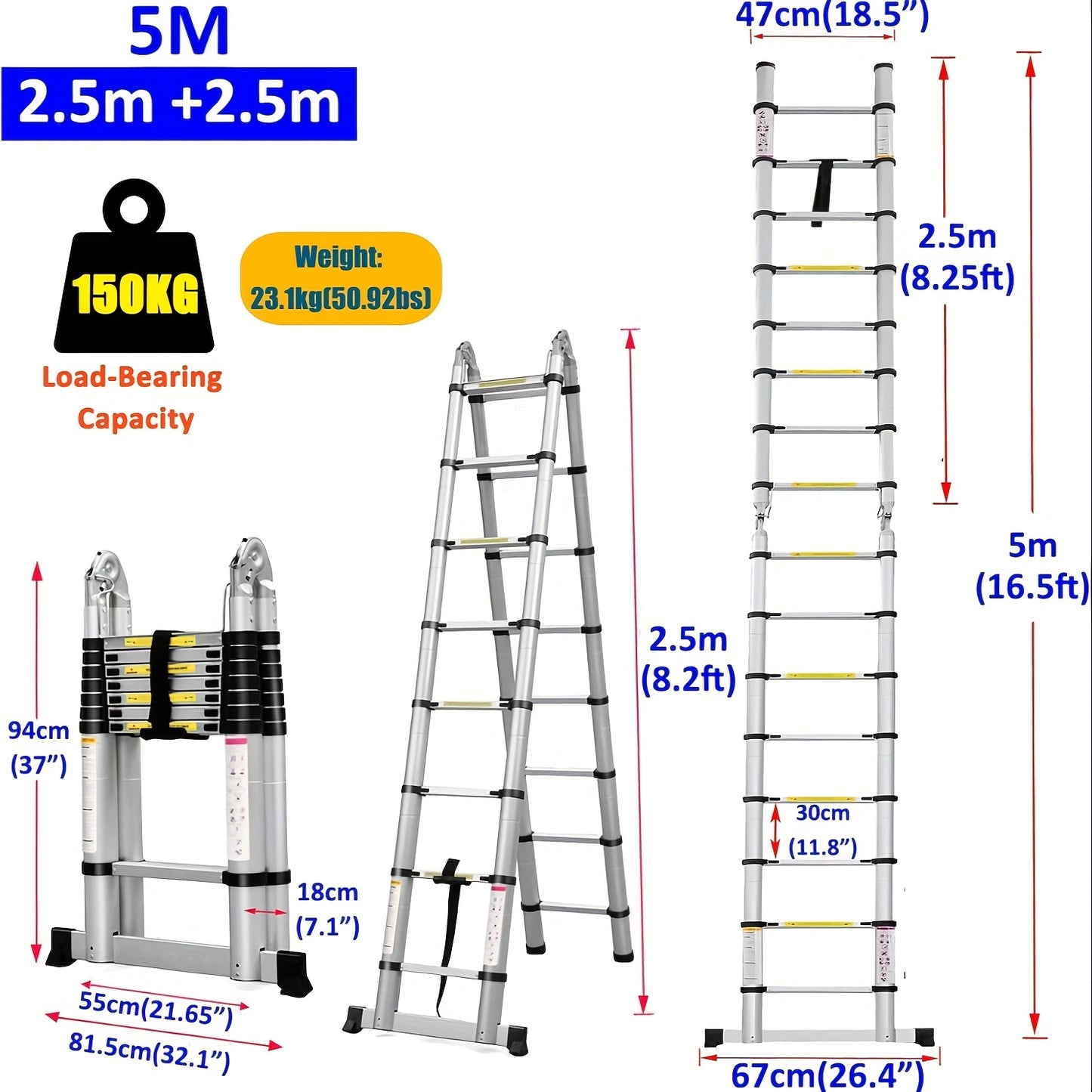 Telescopische Ladder – Inklapbare Ladder – Uitschuifbare Ladder – A-Frame Ladder – Vouwladder – 5 Meter Hoogte – Roestvrij Staal