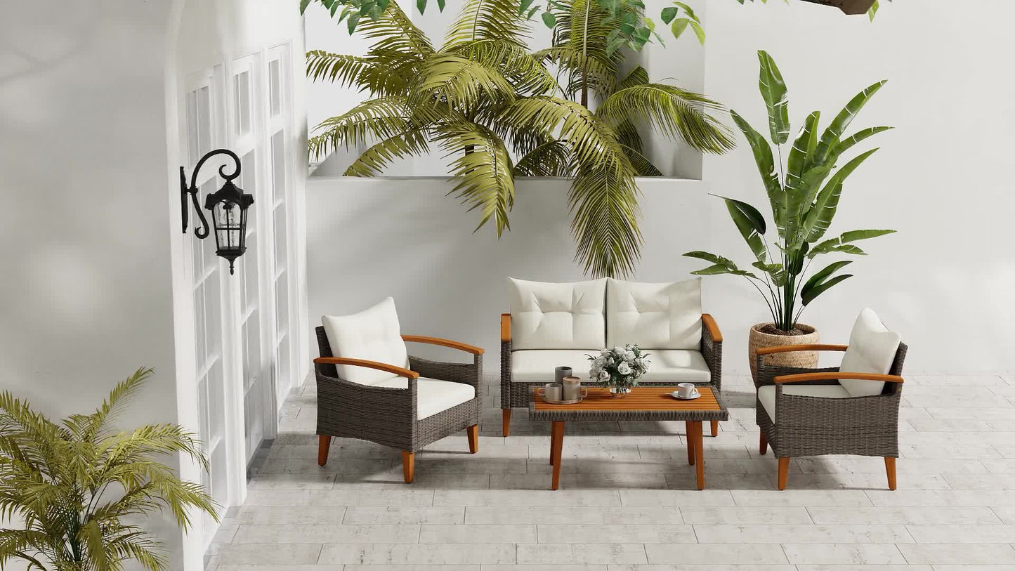 4-delige loungeset – tuinmeubel set – garden sofa – buiten zithoek – terrasset – weerbestendig PE rattan – acaciahouten salontafel
