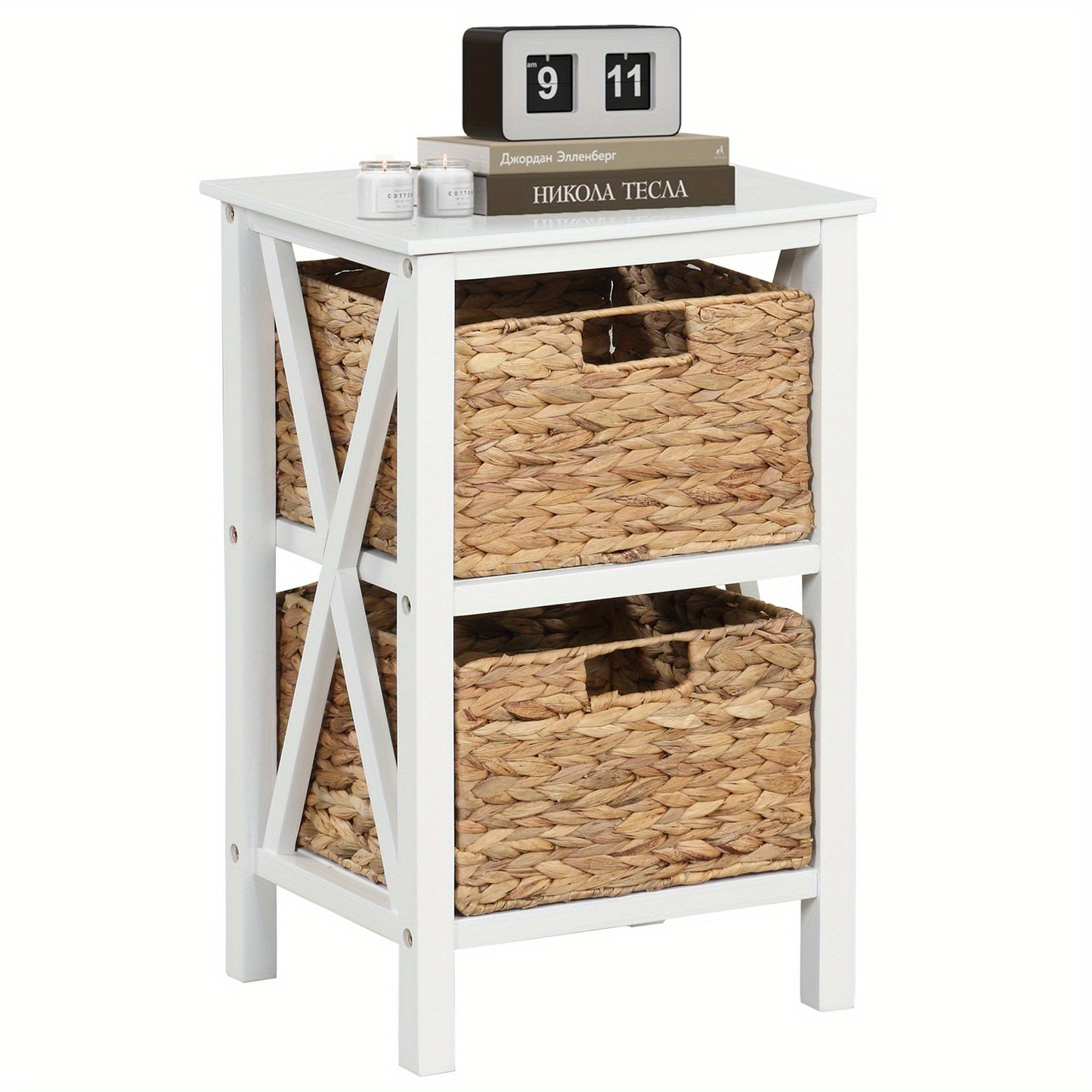 Nachtkastje – Bijzettafel – Opbergkastje – Ladekast – Dressoir – 3-laags Met 2 Seagrass Mandjes – Acaciahouten Poten – Slank X-Design