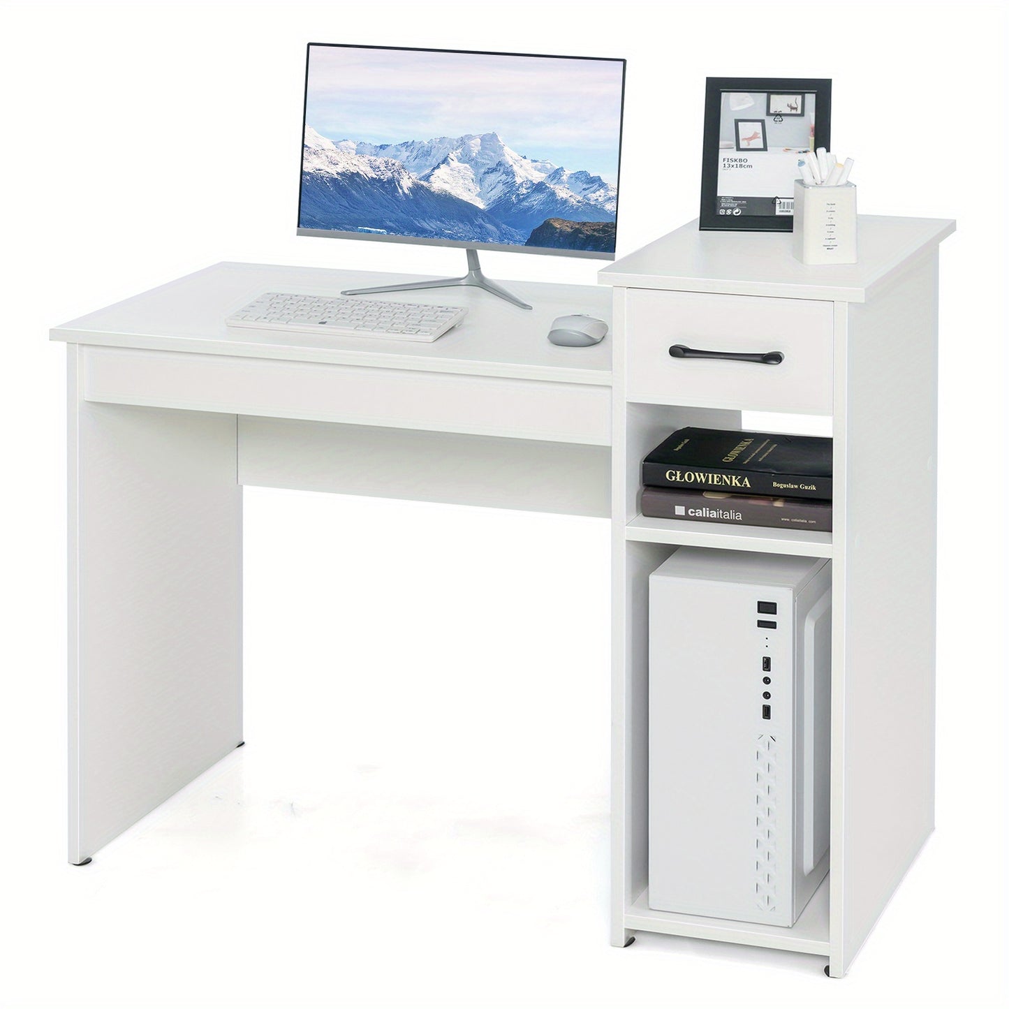 Bureau – Computertafel – Bureautafel – Werktafel – Schrijftafel – Wit – MDF houtfineer – Ingebouwde lade en verhoogd platform