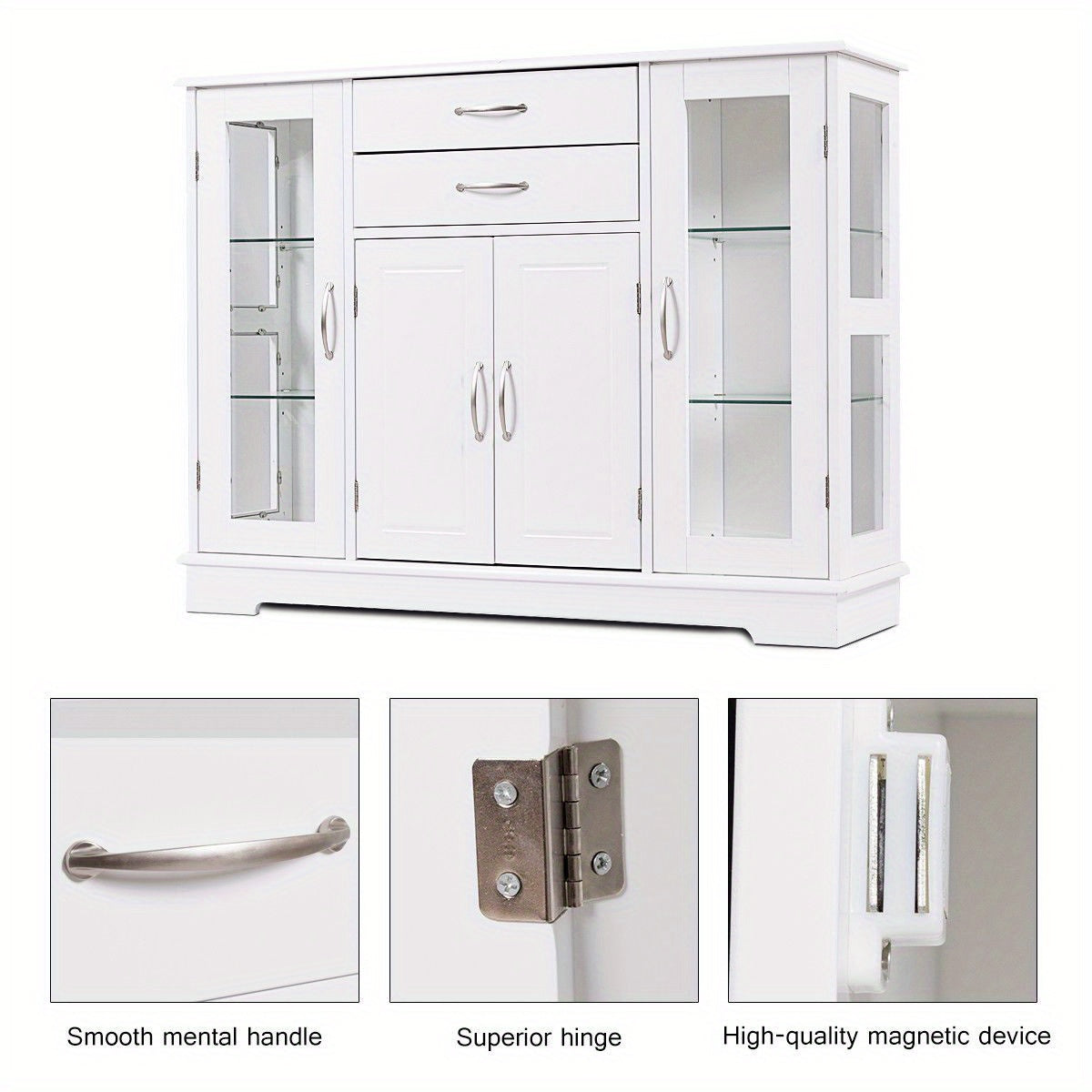 Buffetkast – Opbergkast – Dressoir – Keukenkast – Vitrinekast – Wit MDF Met Gehard Glas – Verstelbare Plank En 2 Lades – Compact 106x31x80 cm