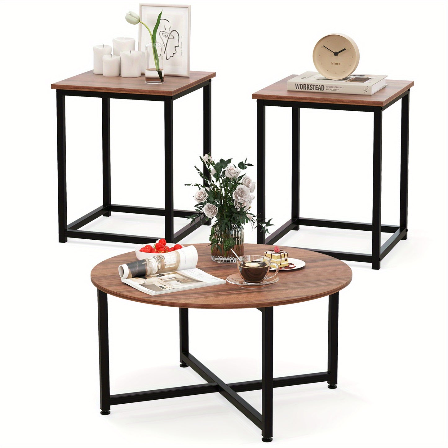 Salontafel – Koffietafel – Bijzettafel – Woonkamertafel – Tafeltje – Metaal & MDF – Set van 3 met Walnootlook – Ronde en Vierkante Tafels