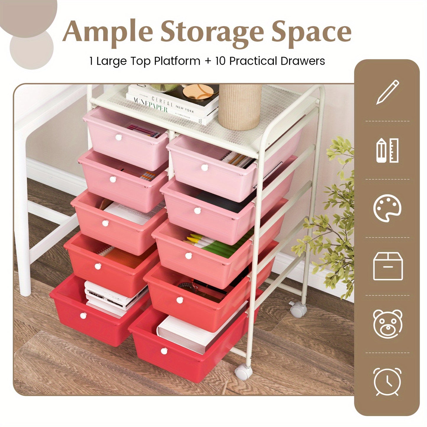 Versatile 10-Drawer Rolling Storage Cart in Pink Gradient - Durable Metal Frame & Plastic, Smooth Glide Wheels with Locking Mechanism, Easy-Carry Handles - Ideal for Office, Living Room, Bathroom Organization - 66.04cm x 36.8