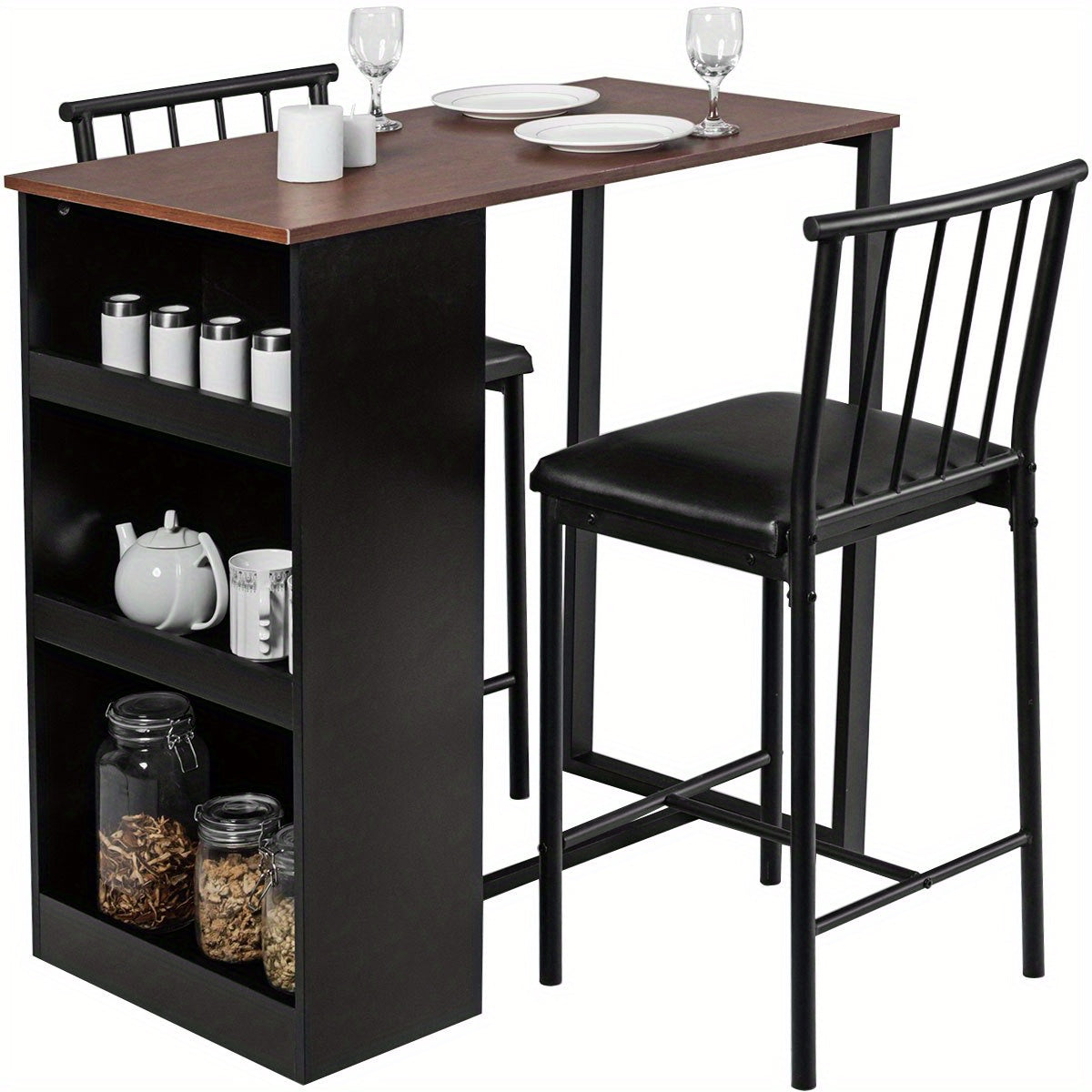 3-delige Eetkamerset – Eettafel Set – Eetkamer Meubel – Compacte Tafel – Opbergtafel – Met 3-zijdige Opbergruimte – 2 Comfortabele Stoelen – Stevig IJzeren Frame – Kunstleren Bekleding