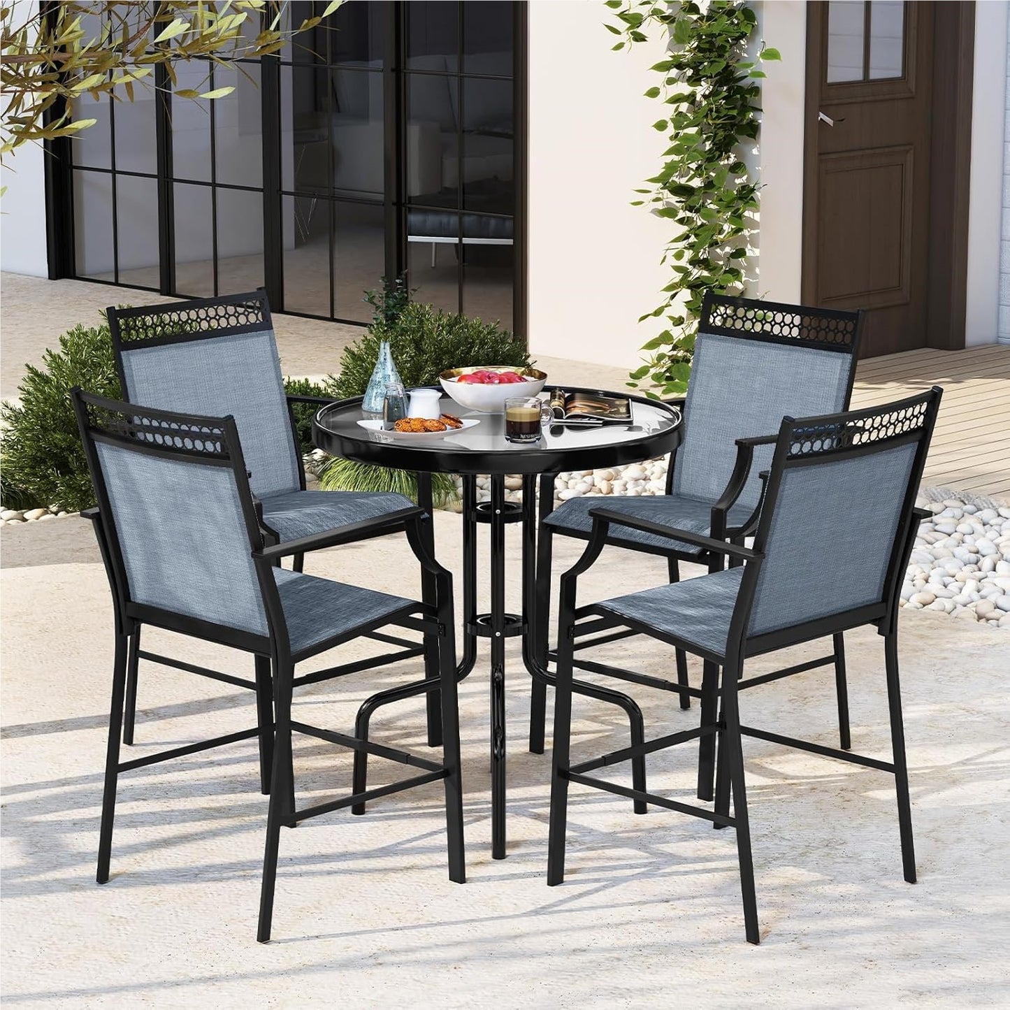 Tuinstoelen – Terrastoelen – Balkontoelen – Buitenstoelen – Barstoelen – Sneldrogende Zitting – Stevig Metalen Frame – Blauw – Set van 2 – Draagkracht 180 kg