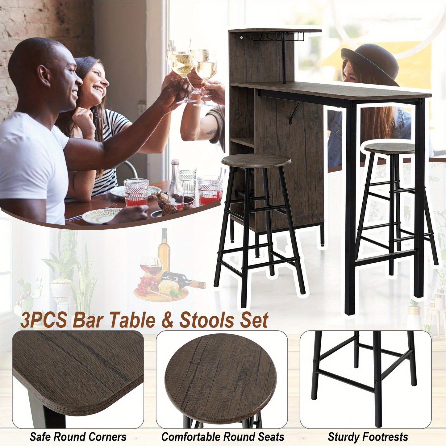 3pcs Bar Table and Chairs Set Industrial Pub Table & Stools w/6-Bottle Wine Rack