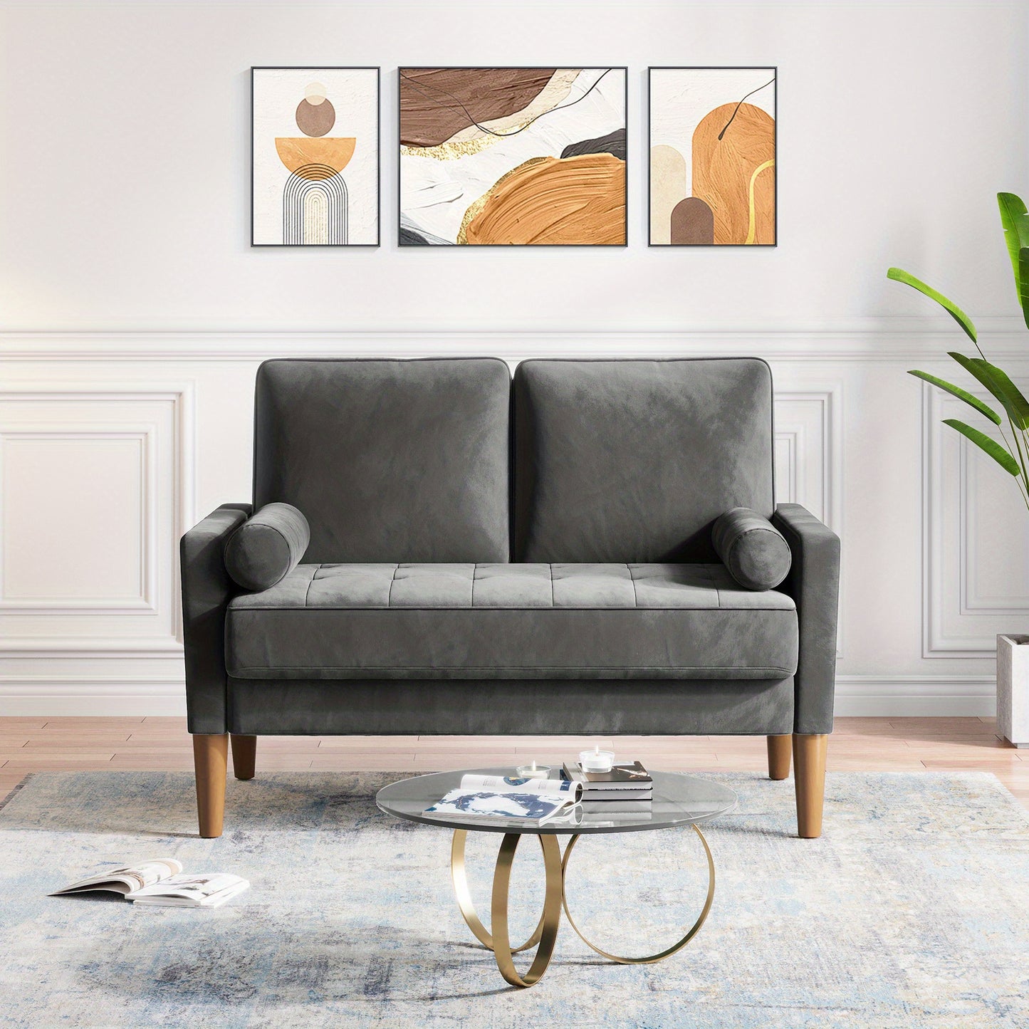 Velvet Loveseat – Kleine Bank – Moderne Sofa – Tufted Zitzetel – Settee – Compact Formaat – Duurzaam Hardhouten Frame – Zachte Grijze Velvet