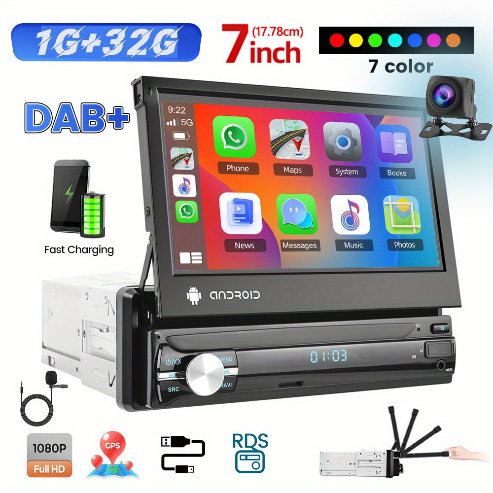 Autoradio – Auto Radio – Car Audio – Multimedia Systeem – 1 DIN – 7 Inch Uitschuifbaar Touchscreen – Android 13 Systeem – Inclusief Achteruitrijcamera