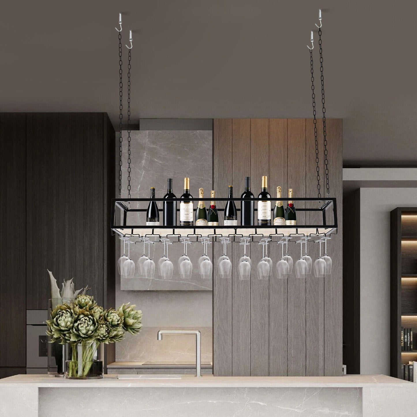 Wijnglashouder Plafond – Wijnglasrek Hangend – Plafondrek Wijn – Wijnrek Met Kettingen – Wijnfleshouder Zwart – Ruimtebesparend – Stijlvol Vintage Metaal