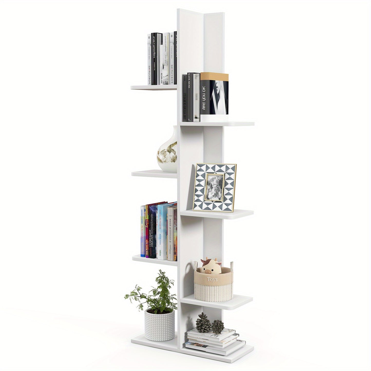 Boekenkast – Boekenrek – Opbergkast – Vakkenkast – Hoekboekenkast – Vrijstaand – 7 Planken – MDF Wit – Compact & Duurzaam