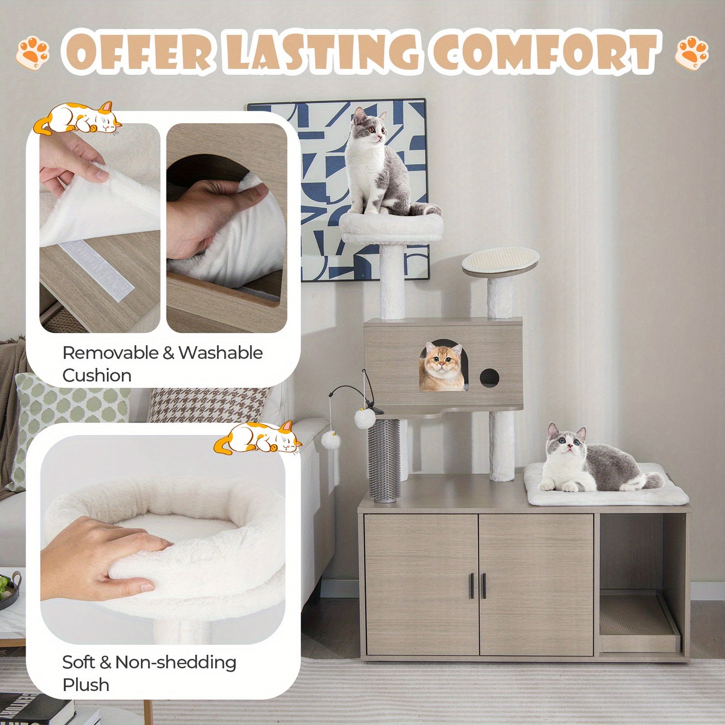 Krat Krabpaal Krabmeubel Kattenmeubel Kattenboom – 2-in-1 Krabpaal Met Kattenbak En Hol – Grijs – 95x55,5x132 cm – Duurzaam MDF Met Sisal