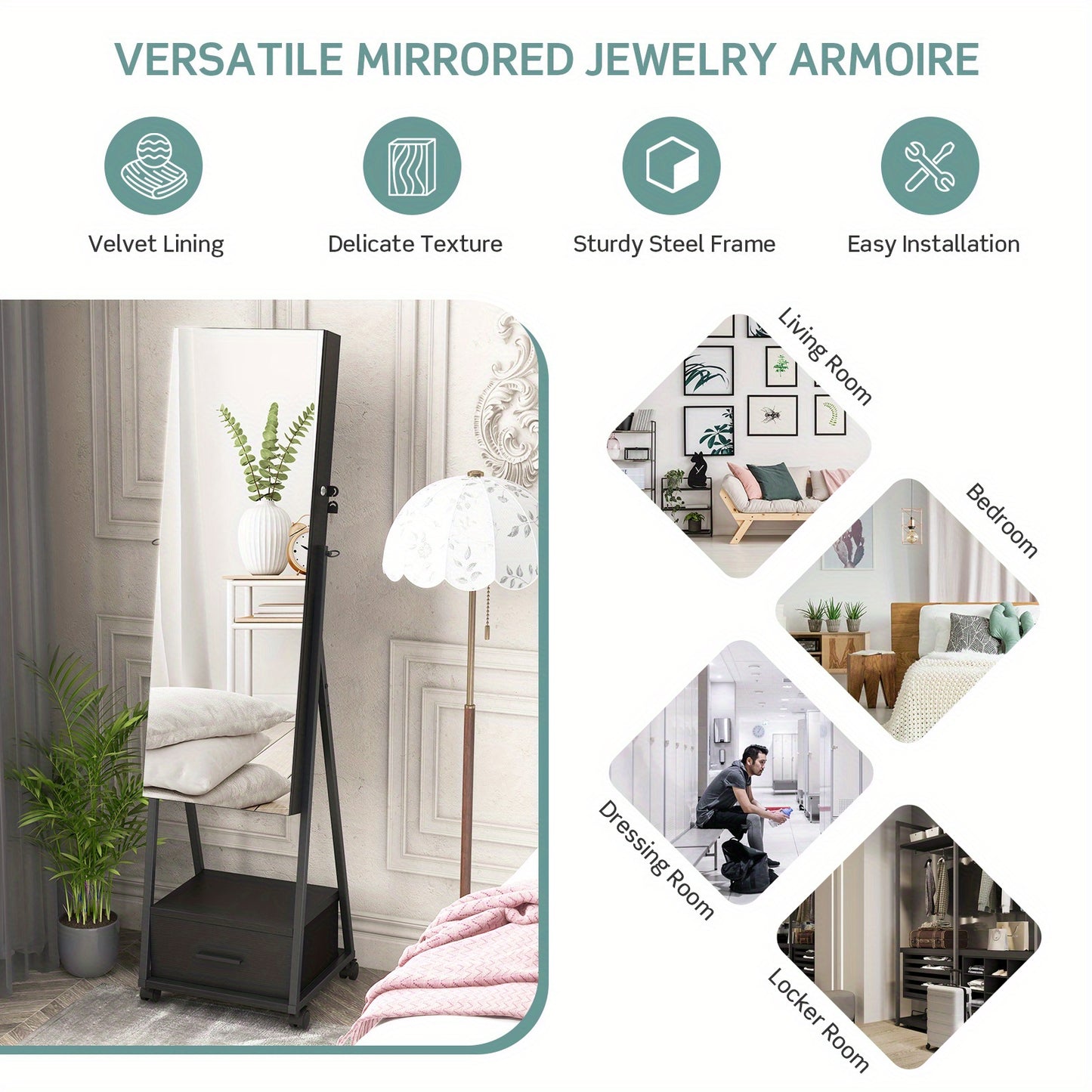 Sieradenkast – Juwelenkabinet – Jewelry Armoire – Sieradenopberger – Sieradenhouder – Zwart – Vloermodel Met Slot – Met Volledige Spiegel