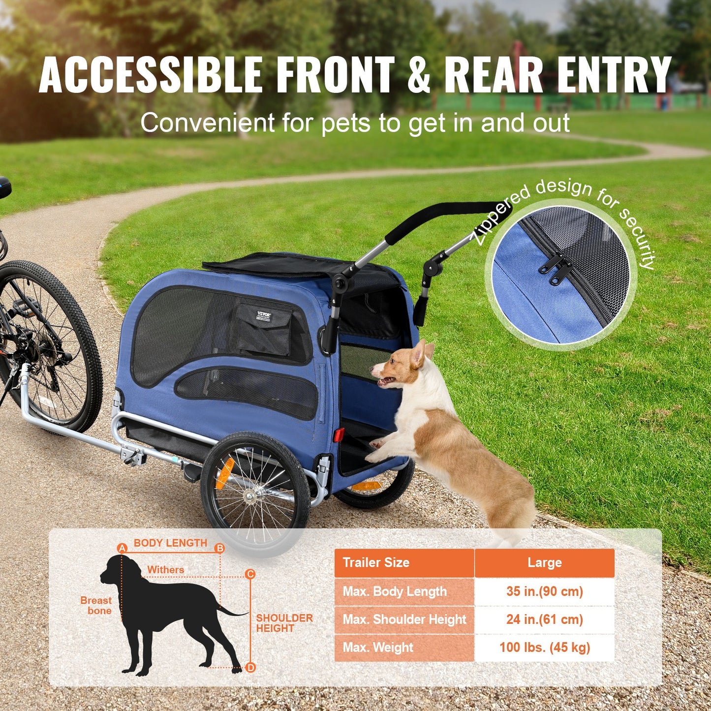 Hondenfietsaanhanger – Hondenwagen – Fietsaanhanger – Wandelwagen – Hondenkar – 2-in-1 Fiets- en Wandelwagen – Max. Draaggewicht 45 kg – Verstelbare Handgreep 92-117 cm