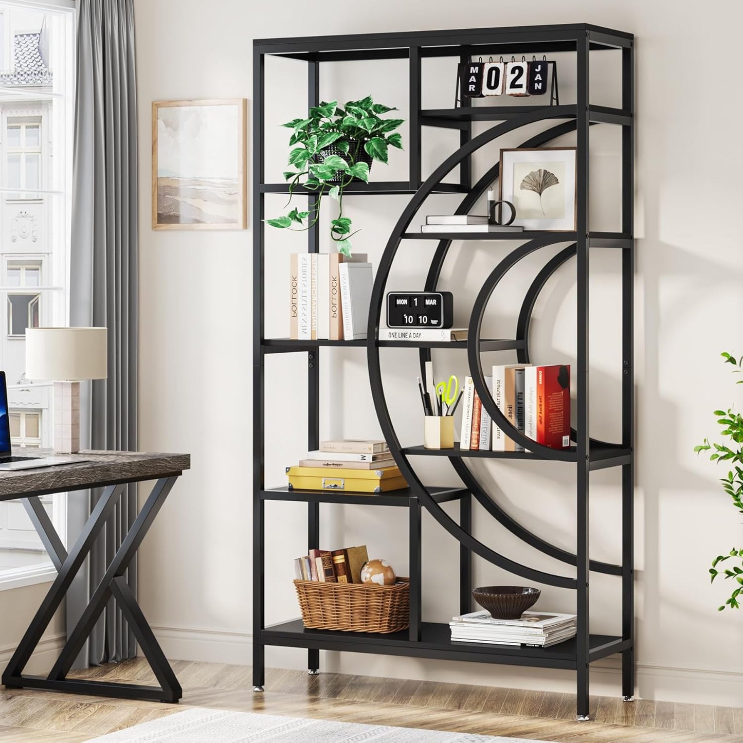 Boekenkast – Boekplank – Boekenrek – Opbergkast – Vakkenkast – Industriële Metalen Frame – 8 Vakken – 179 cm Hoog – Open Geometrisch Design – Zwart/Eikenhouten Planken