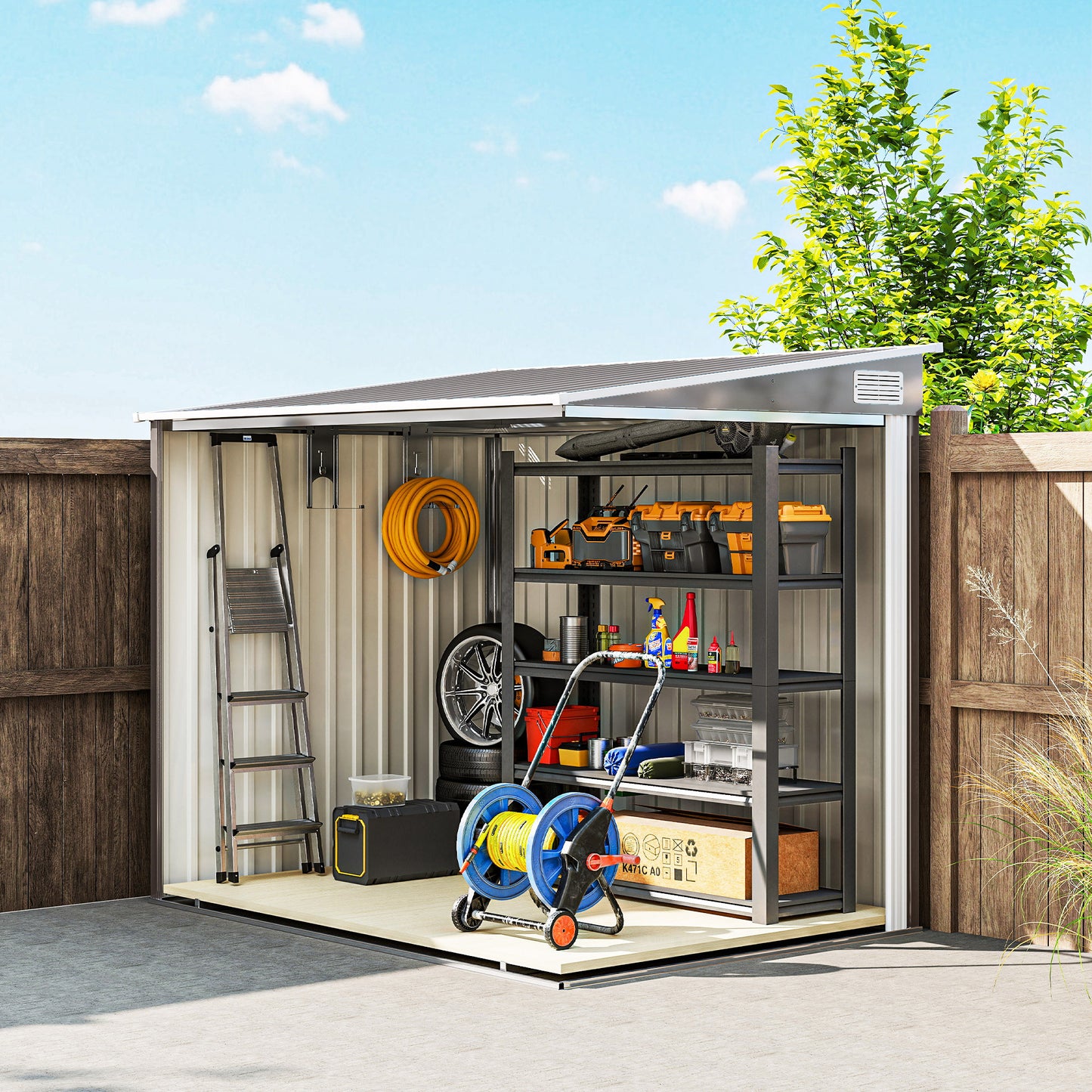Metalen Opbergschuur – Tuinschuur – Gereedschapsschuur – Fietsenstalling – Opbergbox – Lichtgrijs – 2,81 m² – Corrosiebestendig Gegalvaniseerd Staal – Penthuisdak