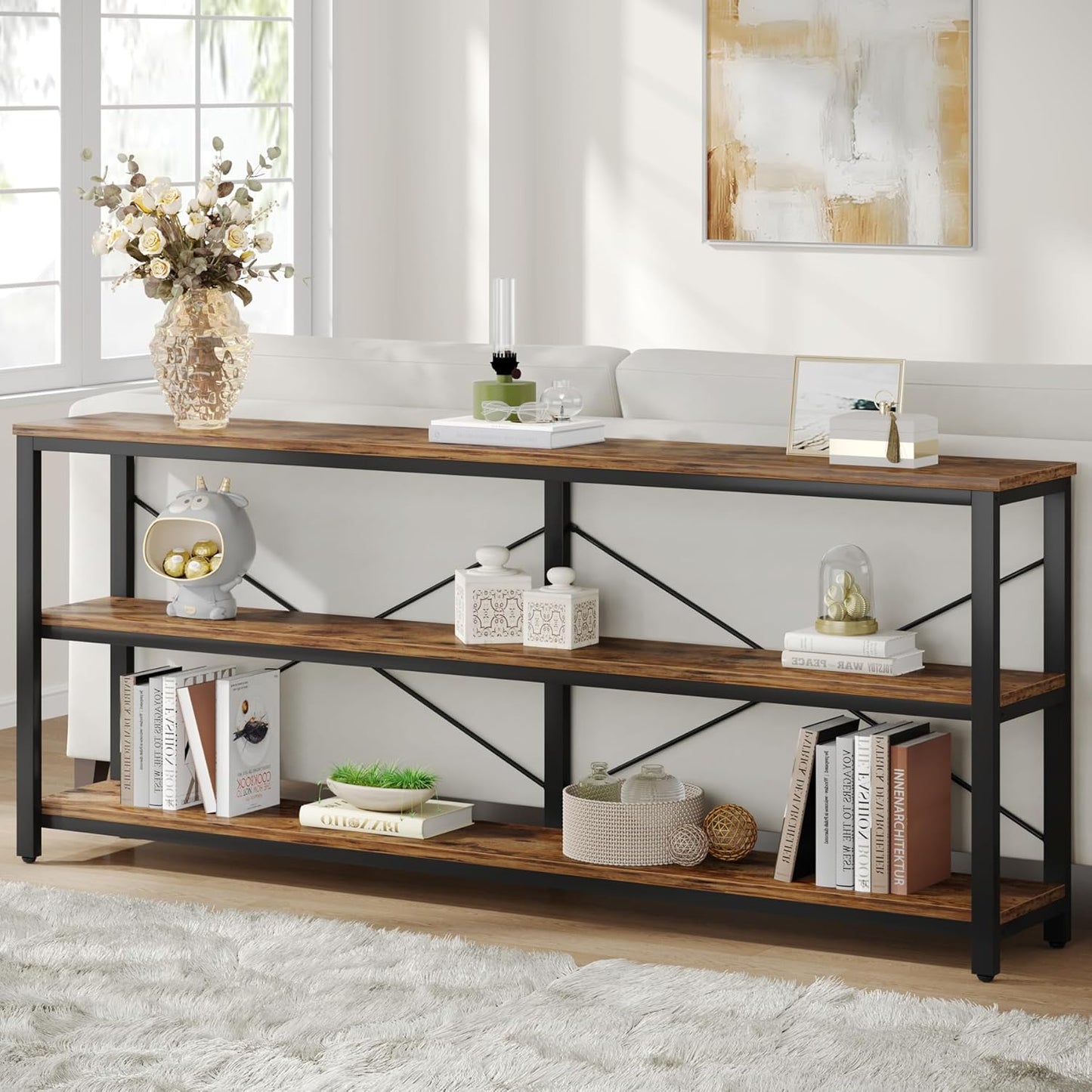 Vintage Sidetable – Industriële Tafel – Sofa Tafel – Console Tafel – Haltafel – 180 cm – 3 Lagen Metalen Frame – Robuust Met Dikke Blad