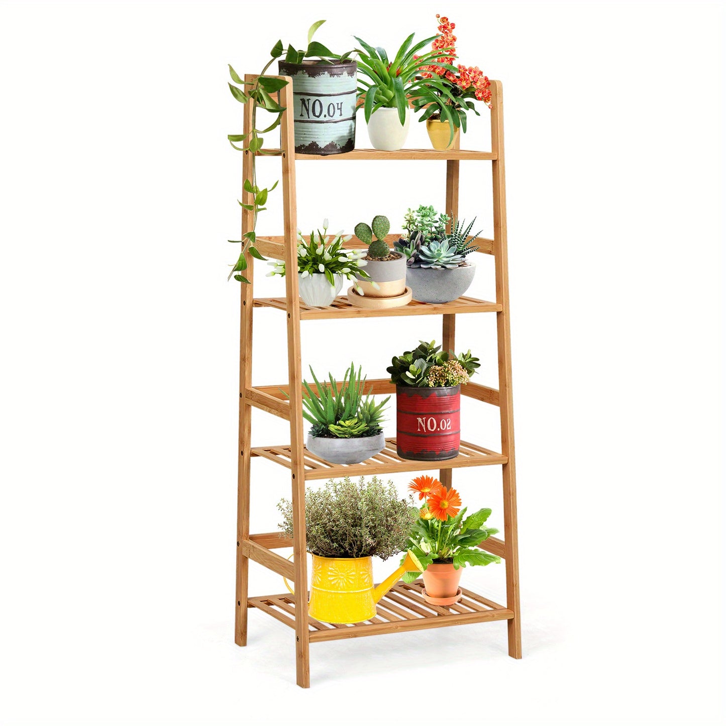 Ladderkast – Boekenkast – Plankenrek – Opbergkast – Traprek – Bamboe Houten Opbergrek – 4 Lagen – 48x32x115 cm