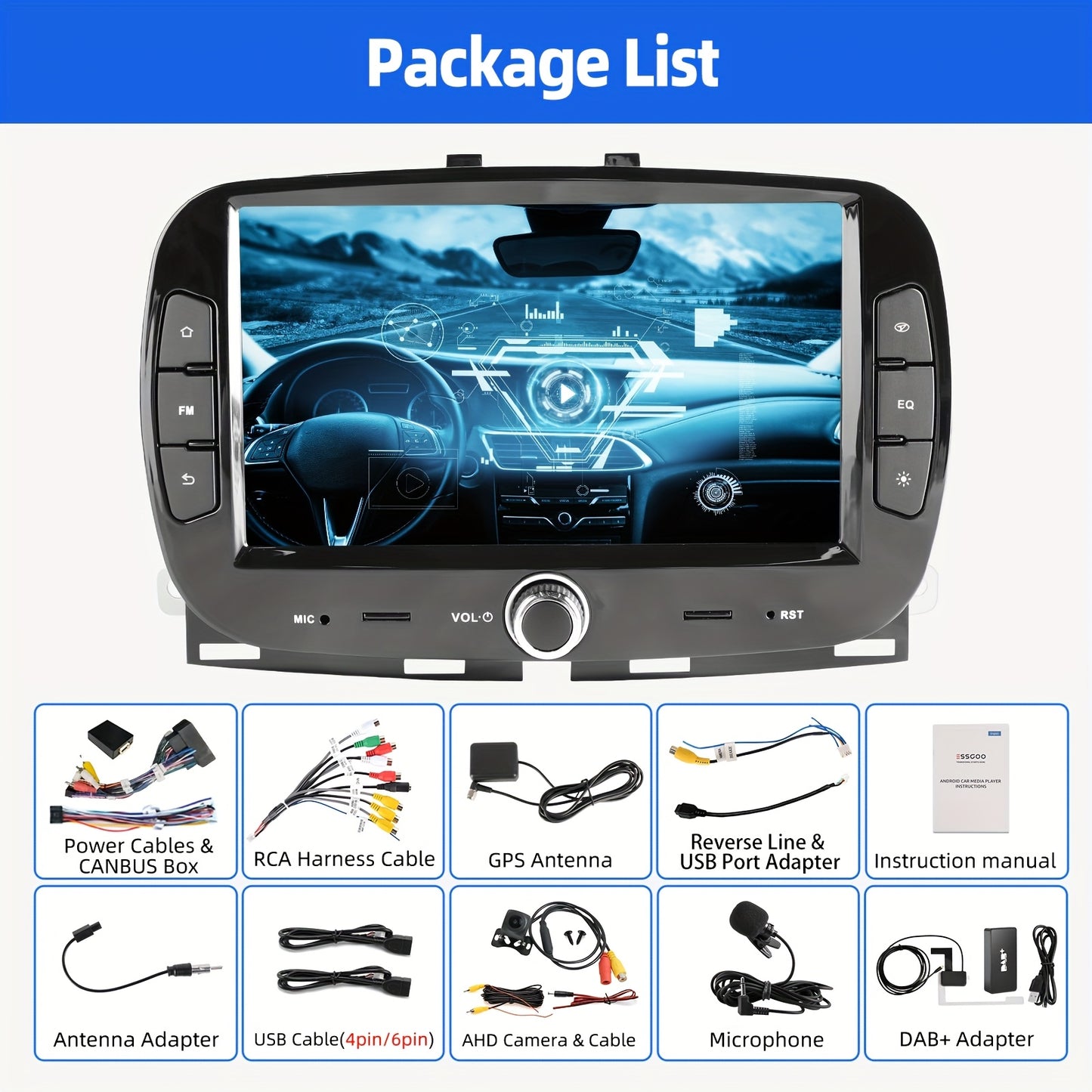 Multimedia Autoradio – 2 DIN Radio – Touchscreen Autoradio – Auto Stereo – Fiat 500 2016-2019 – 7 Inch HD Scherm – Android 14 Systeem