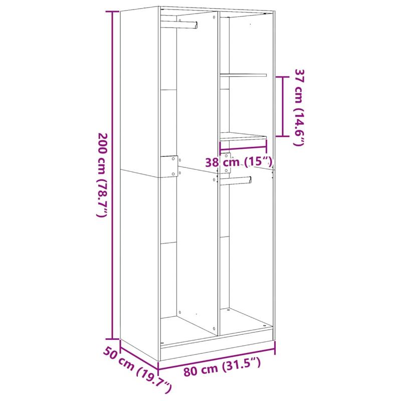Kledingkast – Garderobekast – Kledingopberger – Dressoir – Opbergkast – Grijs Sonoma Eiken – Vrijstaand – Massief Hout – 80x50x200 cm