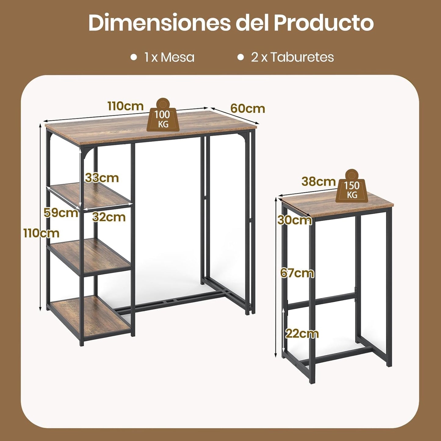 3-delig Barset – Bartafel Set – Bistroset – Eettafel Set – Krukjes – Compact Design – Stevige Metalen Constructie – Koffiebruin + Zwart