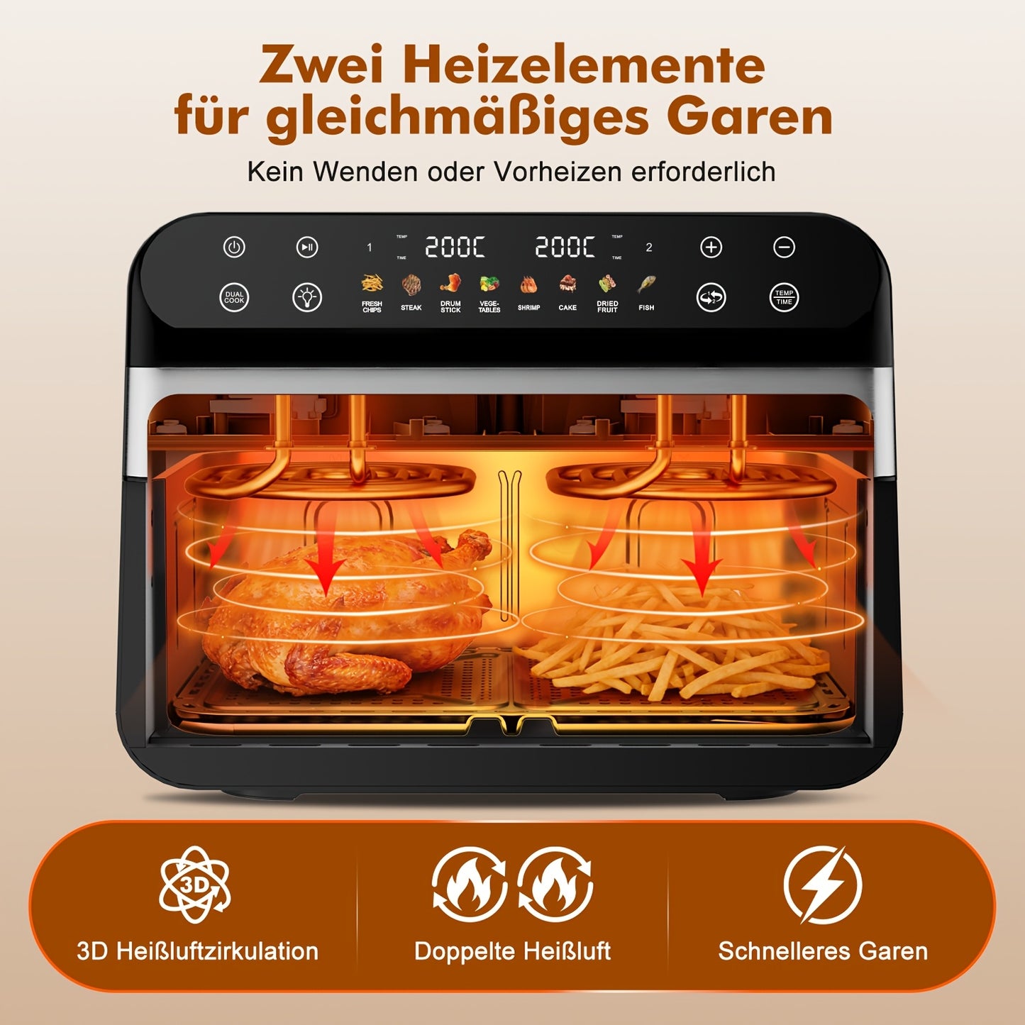 Authmic 10L Hot Air Fryer with Dual Zone/Single Chamber - 9-in-1 Multifunction Touchscreen Smart Fryer with Oil-Free, 2400W Rapid Cooking Function, Non-Stick Coated Basket & Viewing Window, 8 Preset Programs, for Family Cooki