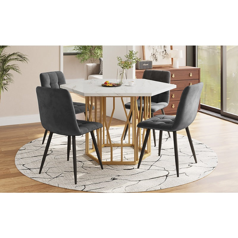 Hexagon Tafel Set – Eettafel Set – Diningset – Marmeren Tafel – Stoelenset – 5-Delig – Grijze Fluweel Stoelen – Gouden Poten – Modern Design – Duurzaam Niet-Houten Blad