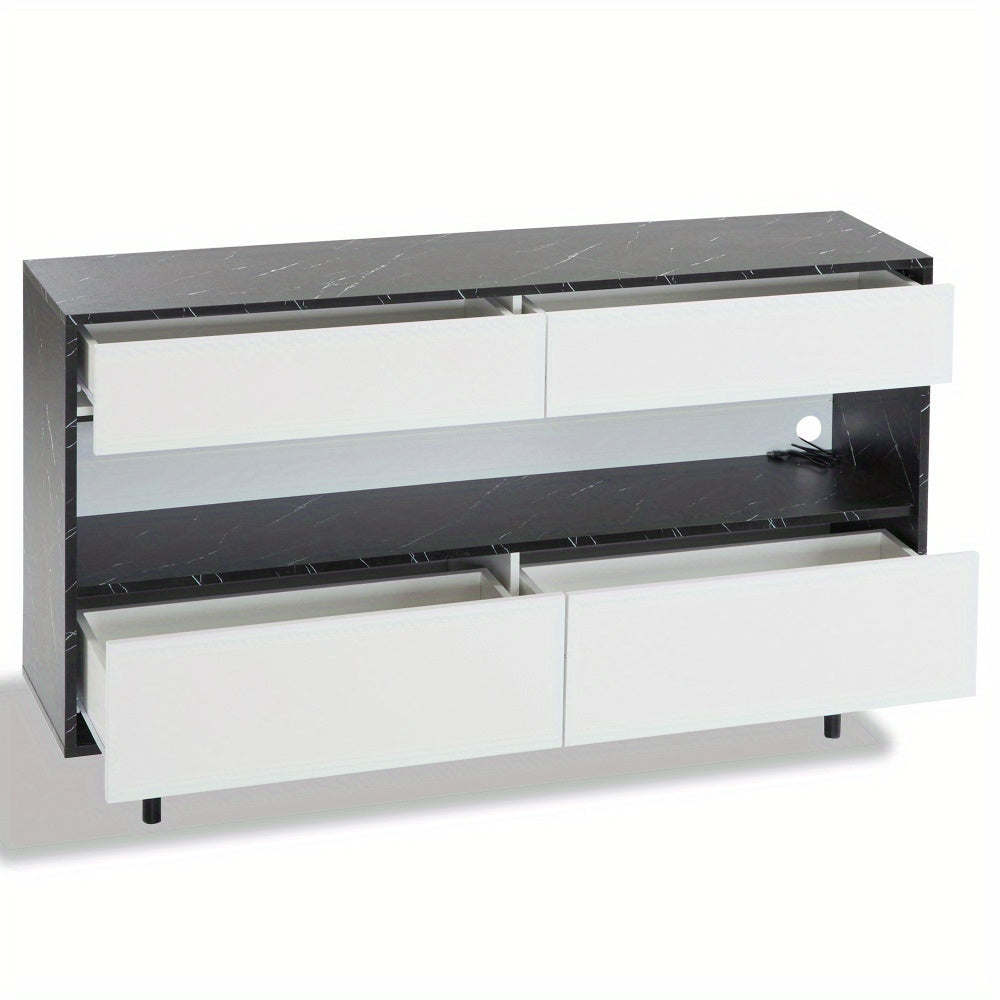 Dressoir – Buffetkast – Sideboard – Opbergkast – Commode – Wit Zwart – Marmerlook Blad – Stabiel Metalen Frame – 150x35x89,5 cm – 4 Laden + Open Plank