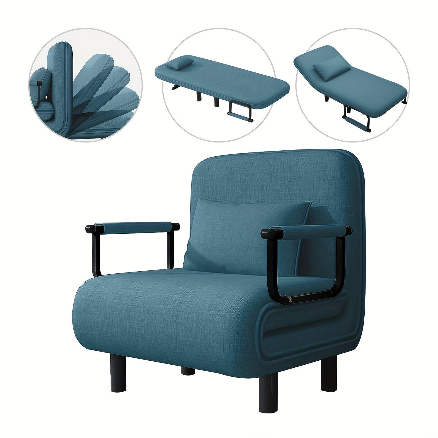 Slaapbank – Slaapfauteuil – Logeerbed – Zitbank – Relaxstoel – Verstelbare Rugleuning 5 Standen – Comfortabele Kussens & Gouden Metalen Armleuningen – Blauw – Draagvermogen 200 kg – 60x68x85 cm – Modern Design