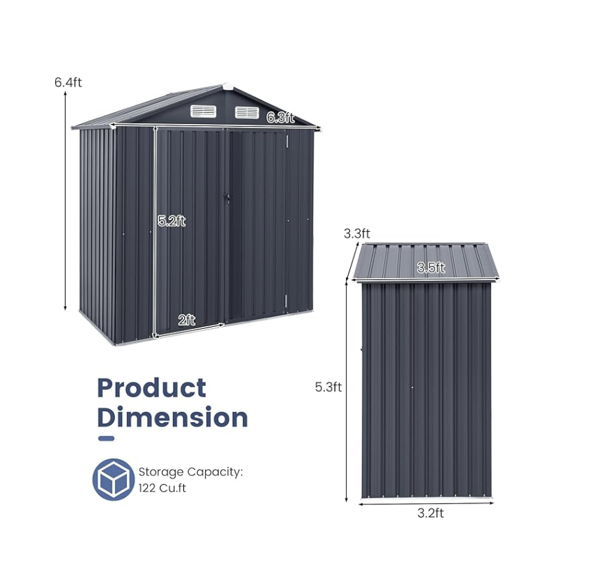 Buitenopslag schuur – Tuinhuis – Gereedschapshuis – Schuur – Opslagruimte – Vergrendelbare Deuren – Water- en Winddicht – Donkergrijs – 6,3’ x 3,5’ / 10’ x 7,7’ – Gegalvaniseerd Staal