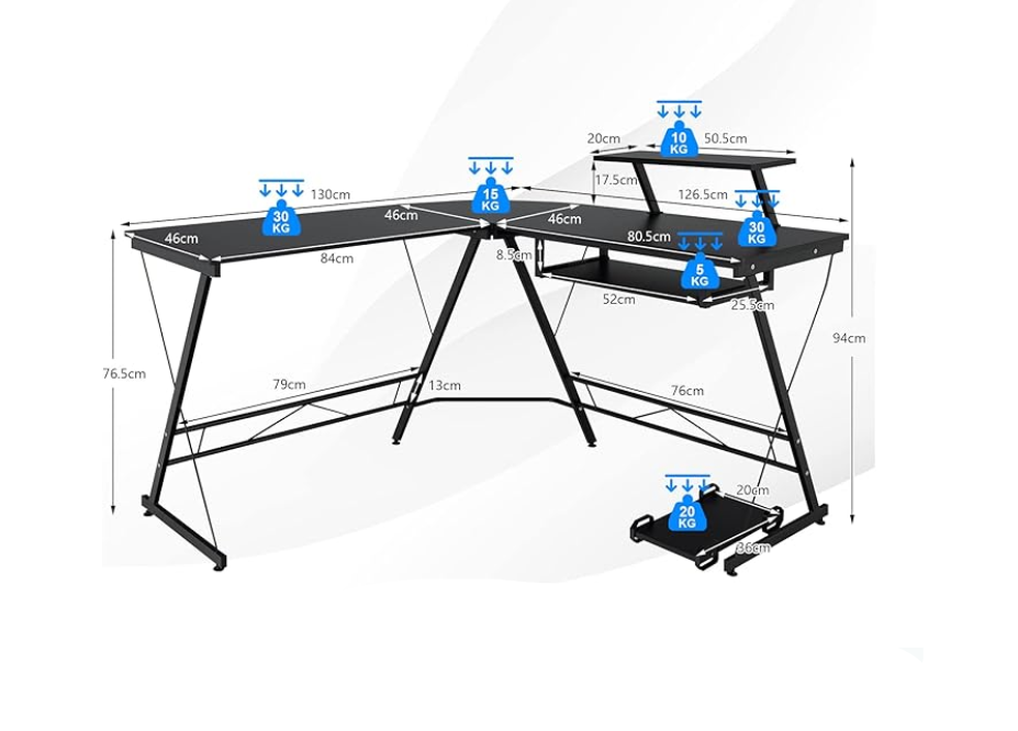 L-vormig Hoekbureau – Hoekdesk – Gamingbureau – Computerbureau – Werkplek Bureau – Verstelbare Monitorstandaard – Robuuste MDF & Stalen Constructie