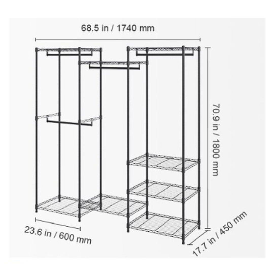 Kledingrek - Industrieel - Vrije indeling - Zwart metaal - Tot 360 kg - Ruim - Vrijstaand - Kledingstang - Legplanken - 174x180x45 cm
