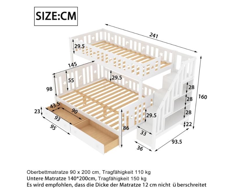 Hoogslaper – Stapelbed – Kinderbed – Mezzaninebed – Halfhoogslaper – Stabiele Trap – 2 Grote Lade Opbergruimtes – 90x200 & 140x200 cm – Wit Modern Design