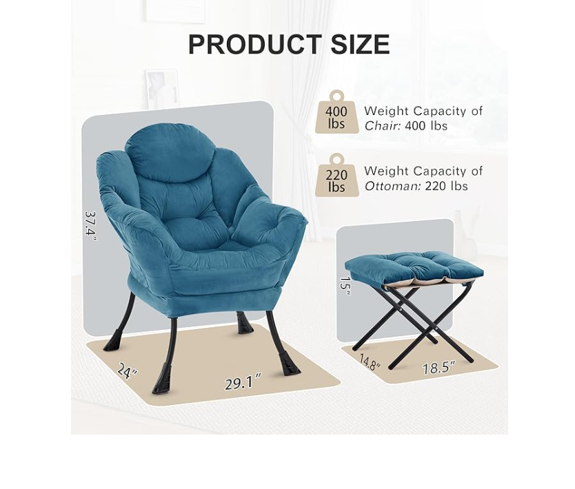 Luie Stoel – Lounge Fauteuil – Relaxzetel – Leunstoel – Leesstoel – Met Opvouwbare Poef – Met Armleuningen en Zijvak – Comfortabel Polyester – Stevig Metalen Frame